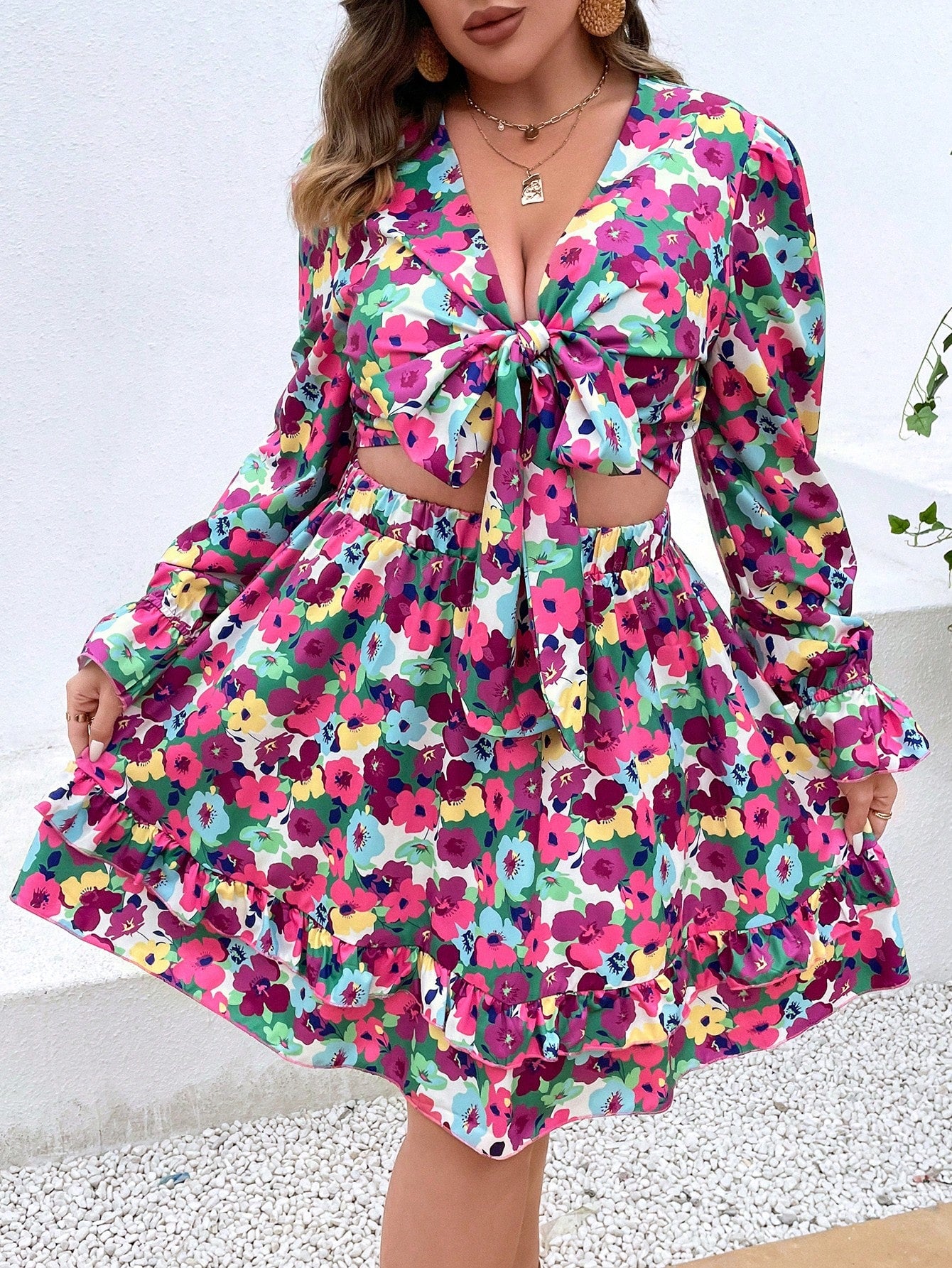 Plus All Over Floral Print Flounce Sleeve Knot Front Crop Top Ruffle Hem Skirt