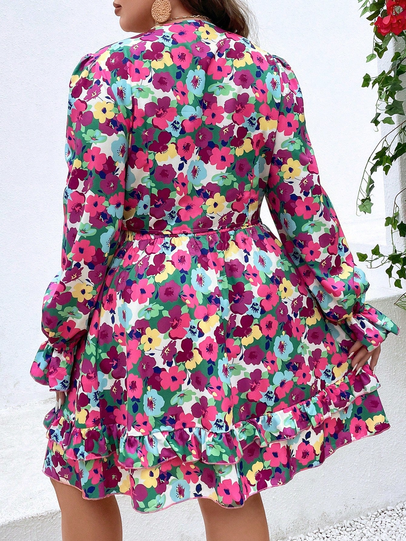 Plus All Over Floral Print Flounce Sleeve Knot Front Crop Top Ruffle Hem Skirt