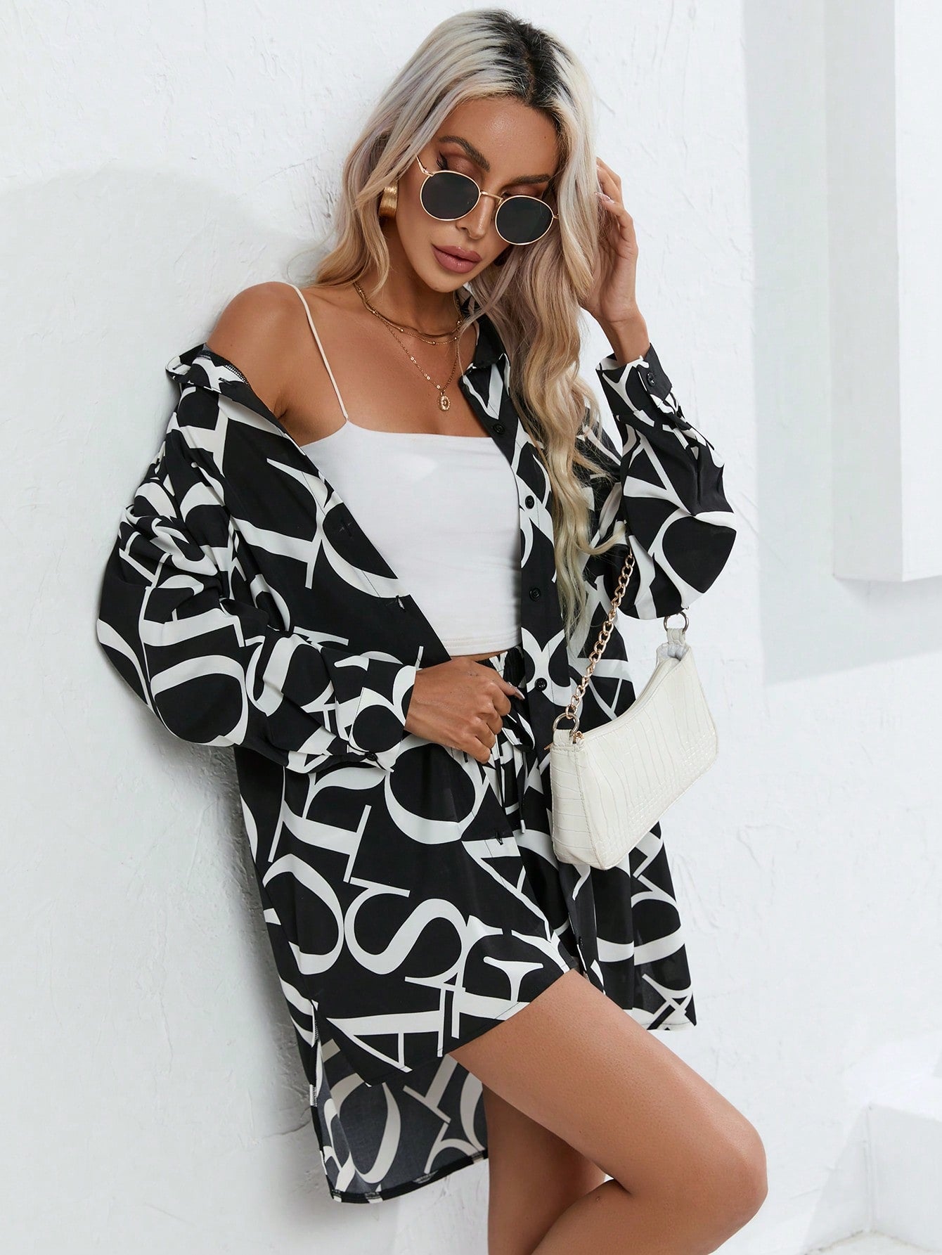 All Over Print Shirt Drawstring Waist Shorts
