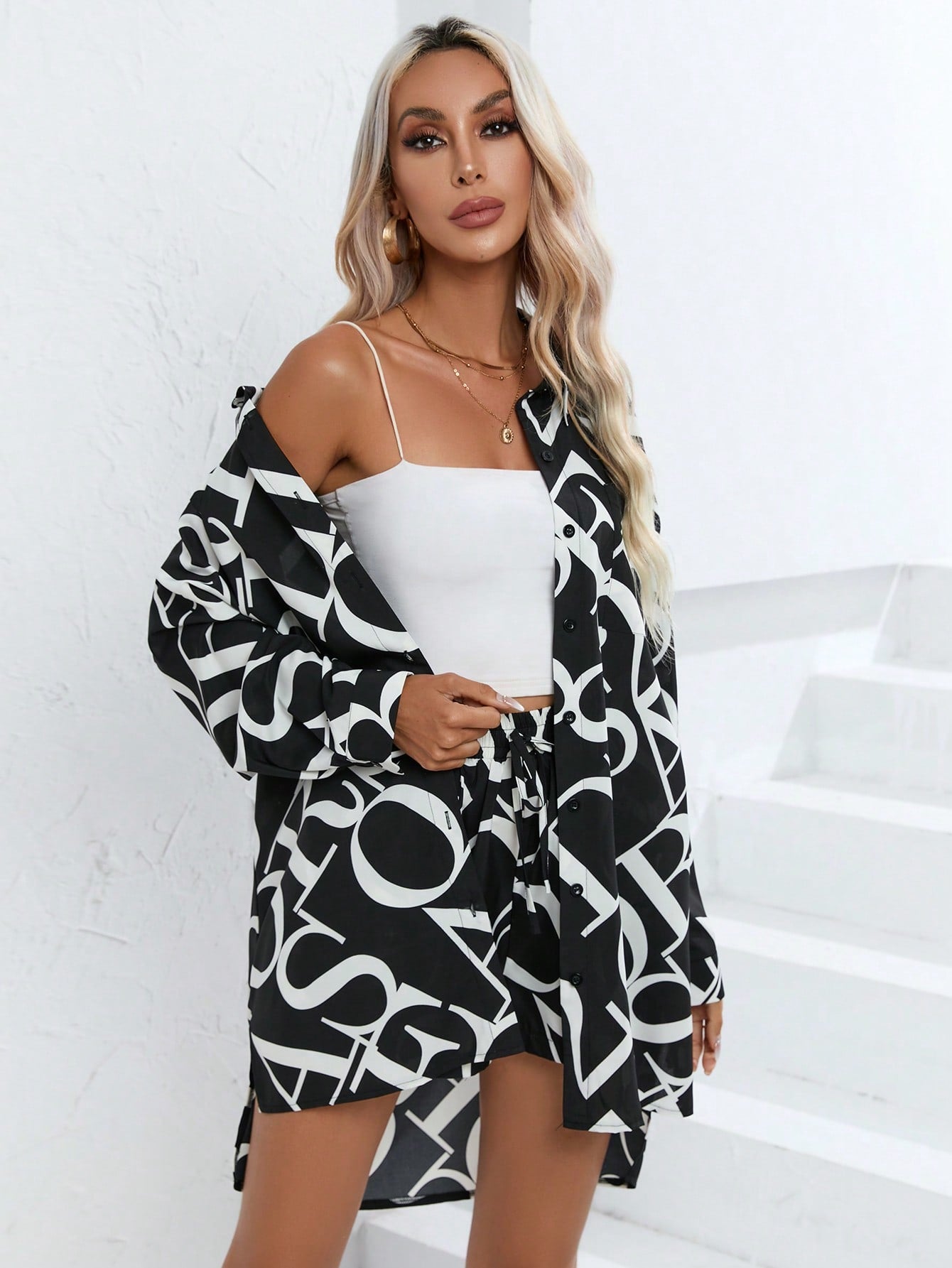 All Over Print Shirt Drawstring Waist Shorts