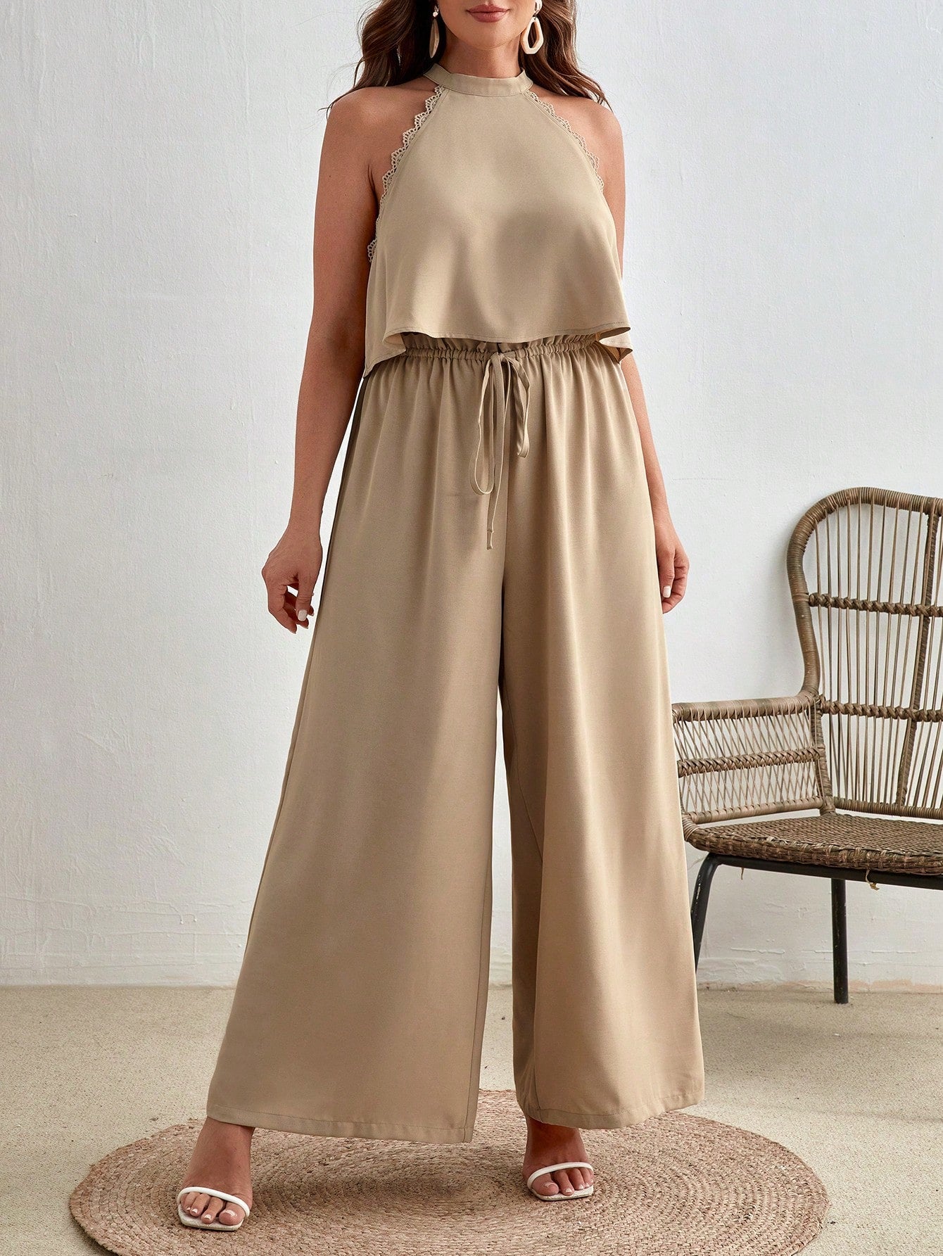 Plus Solid Halter Top Wide Leg Pants