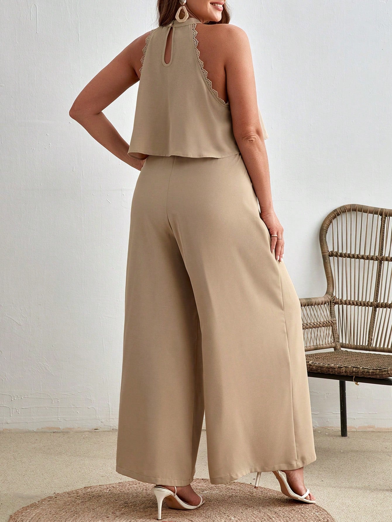 Plus Solid Halter Top Wide Leg Pants