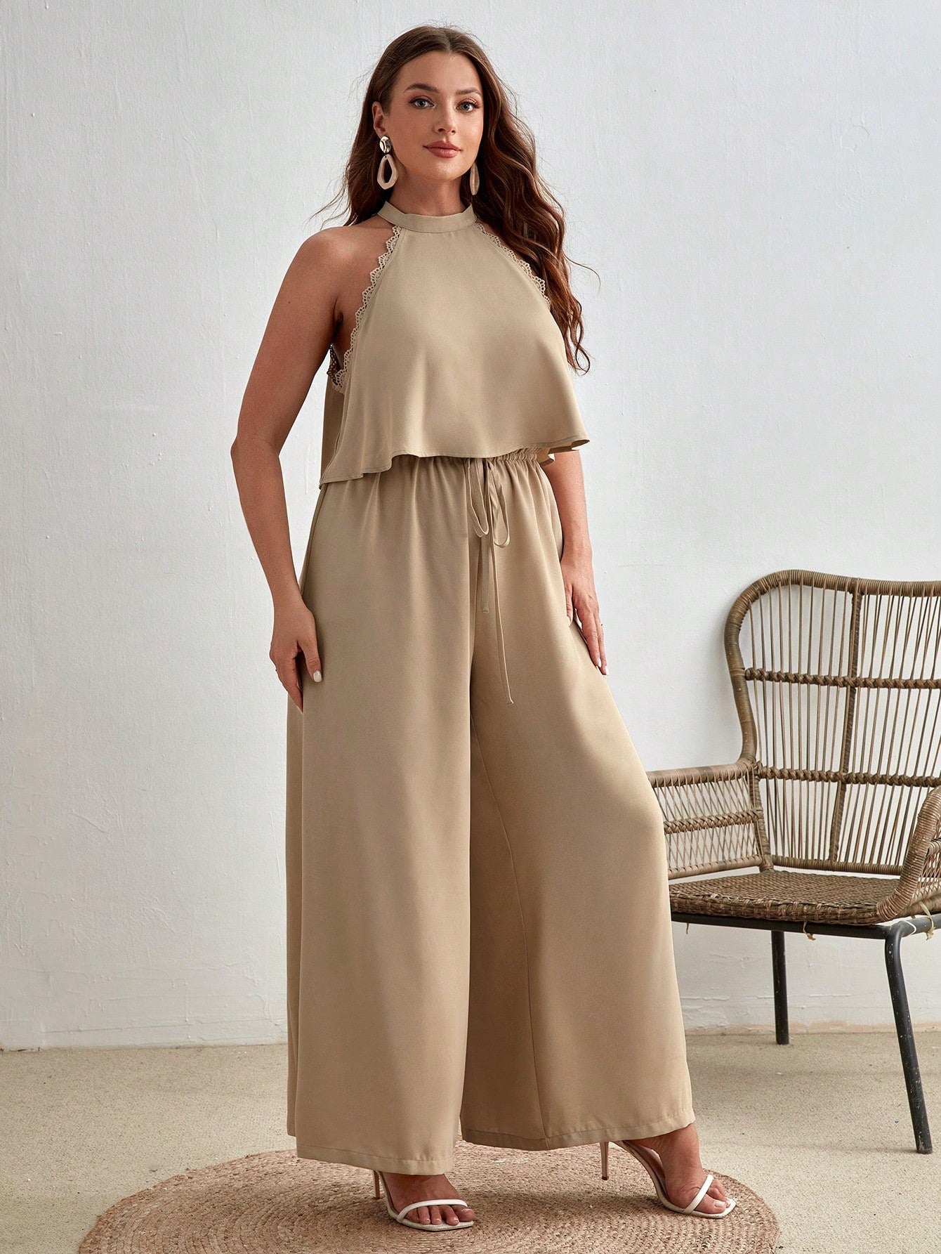 Plus Solid Halter Top Wide Leg Pants