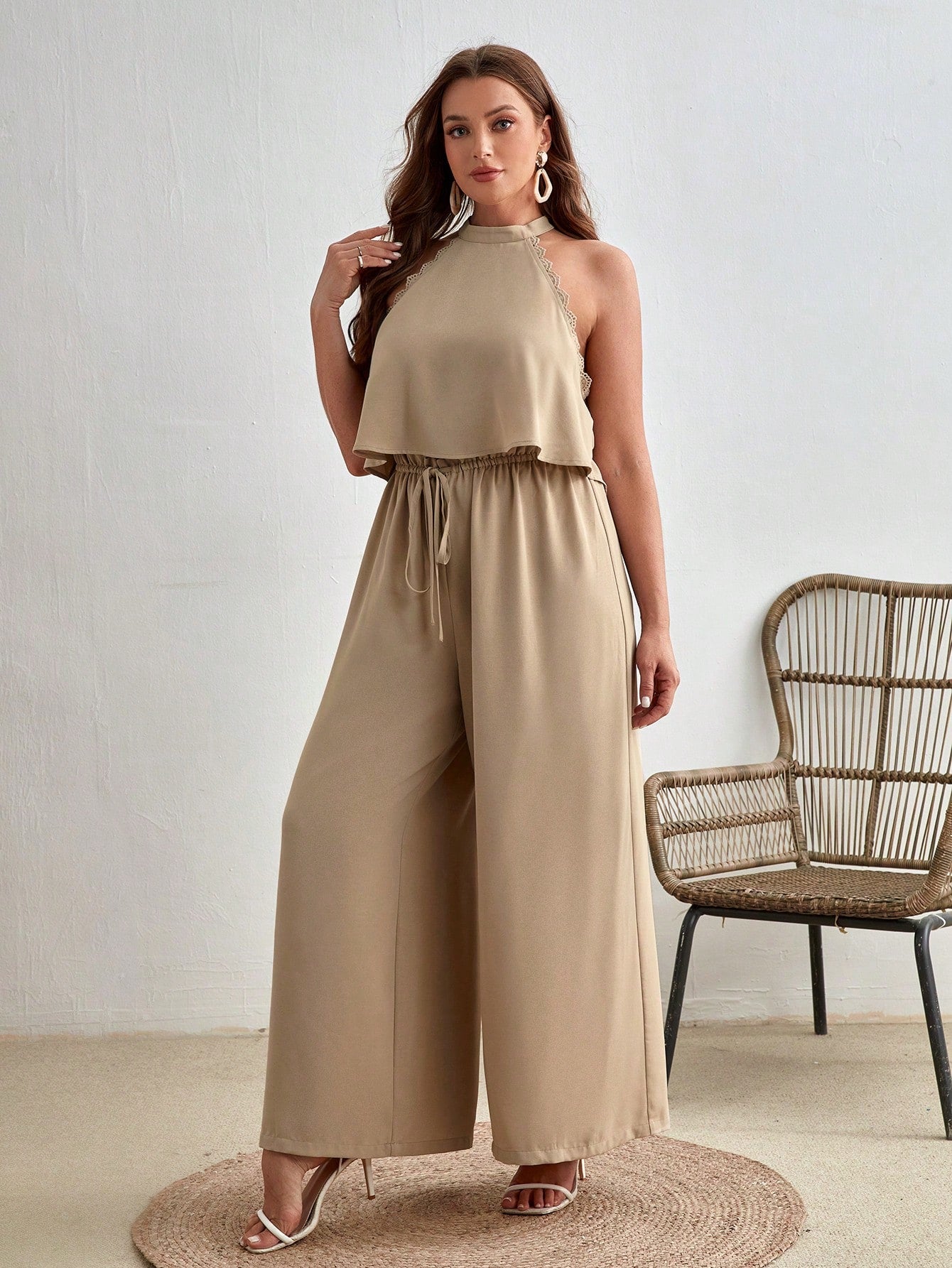 Plus Solid Halter Top Wide Leg Pants