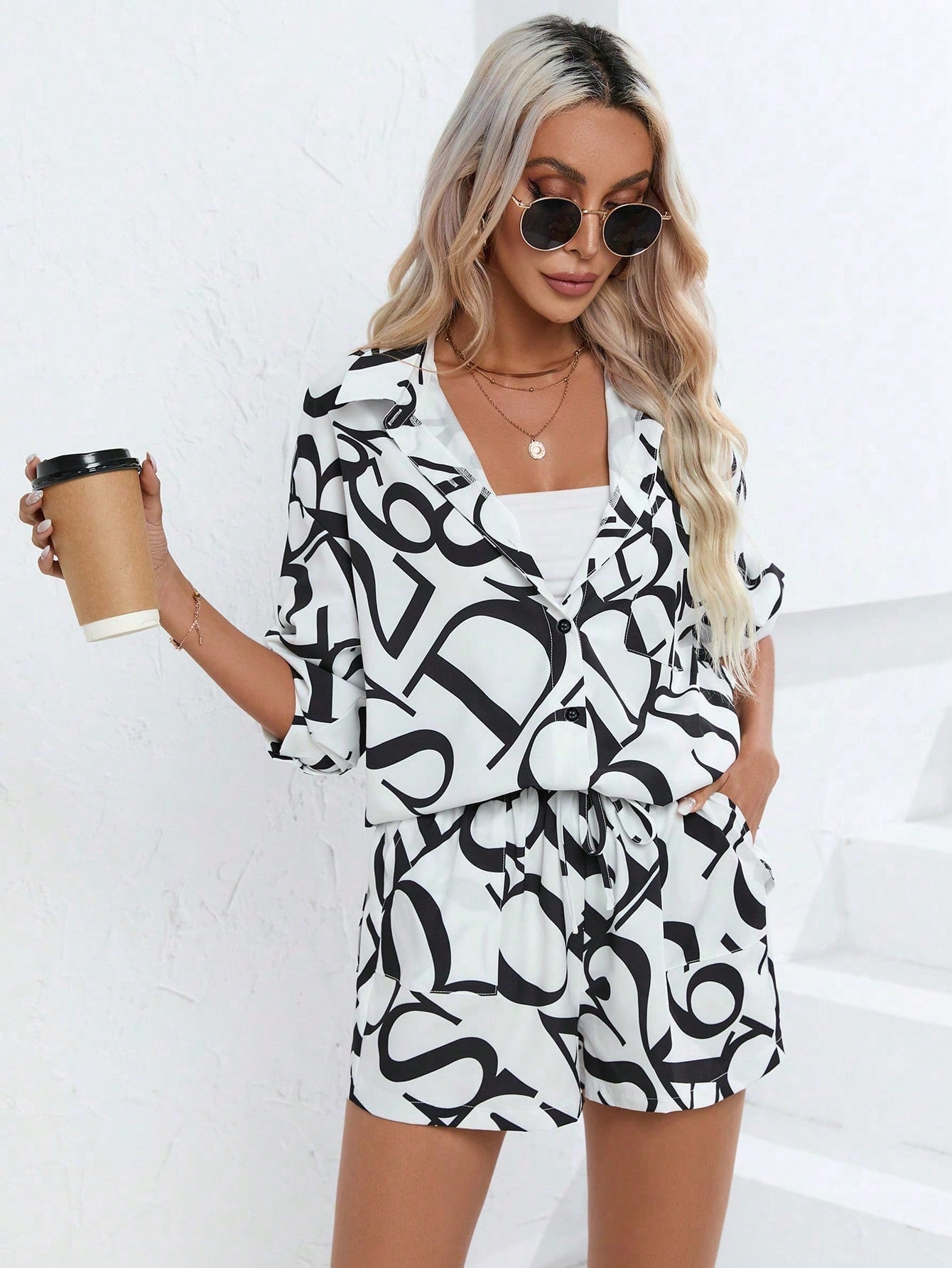 All Over Print Shirt Drawstring Waist Shorts