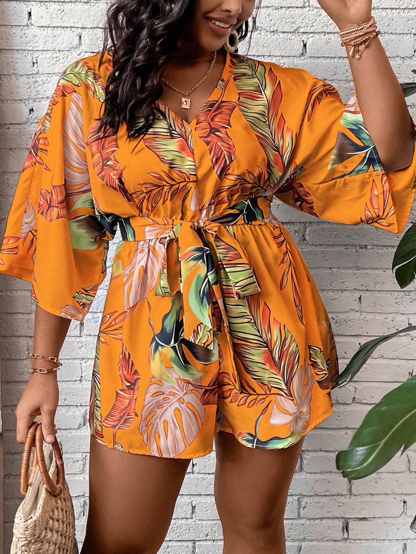 Plus Tropical Print Belted Romper