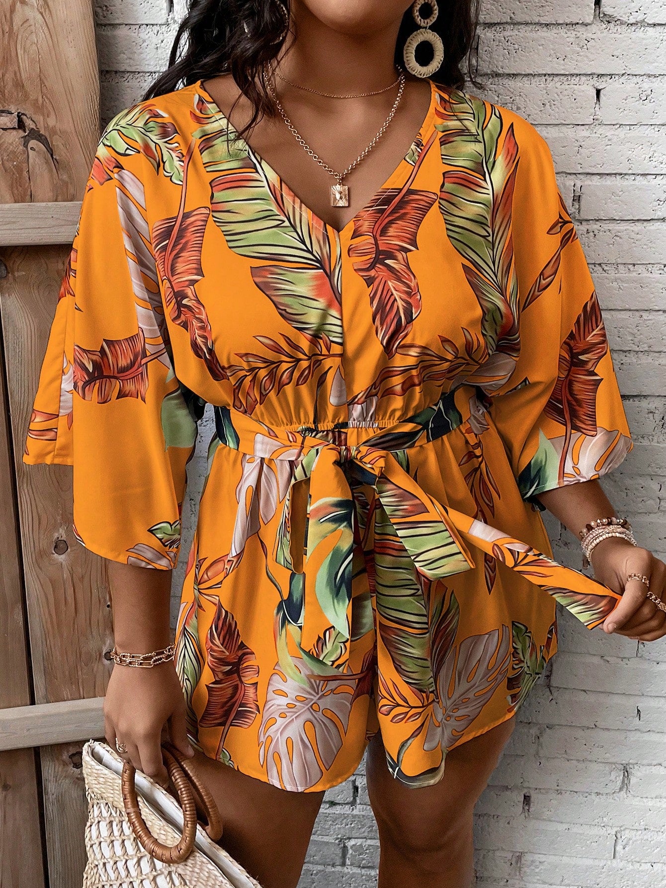 Plus Tropical Print Belted Romper