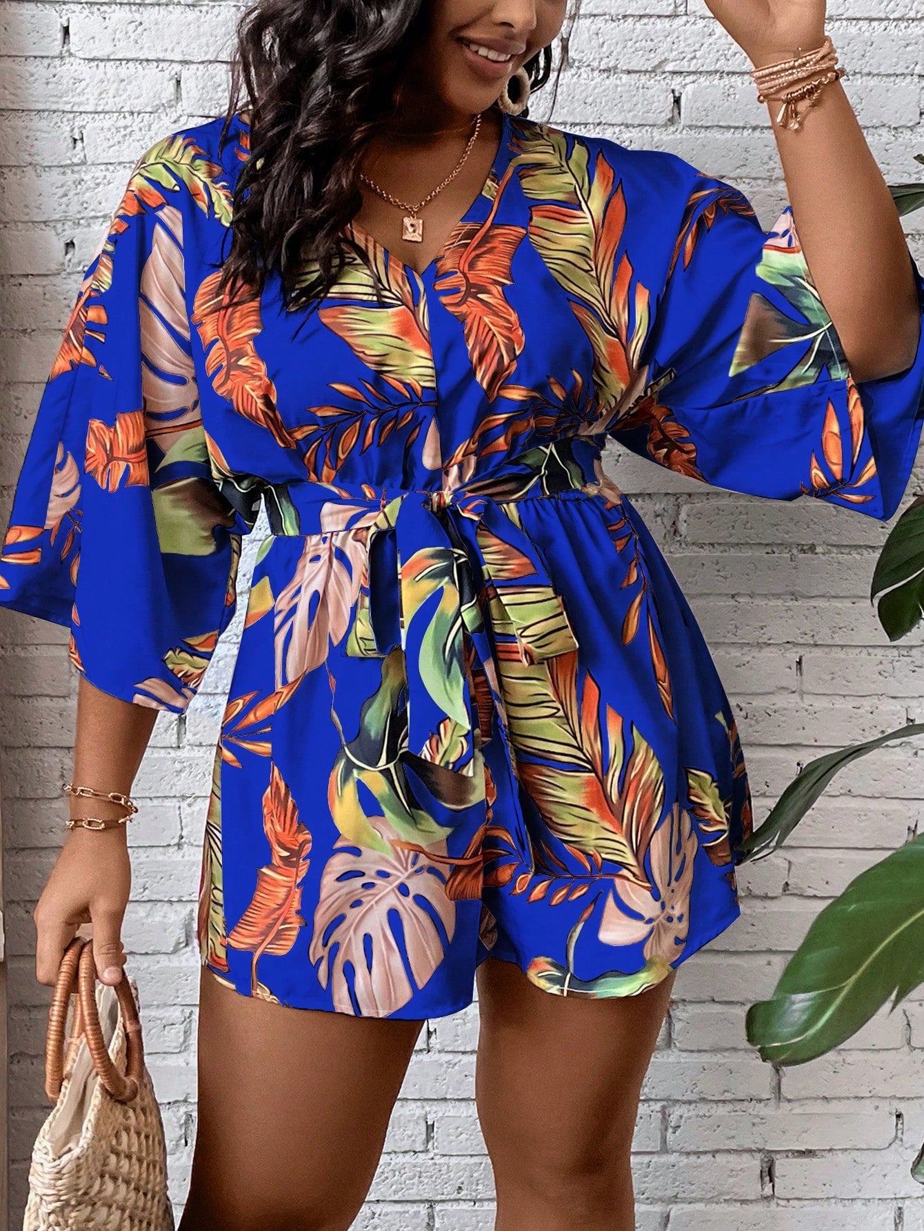 Plus Tropical Print Belted Romper