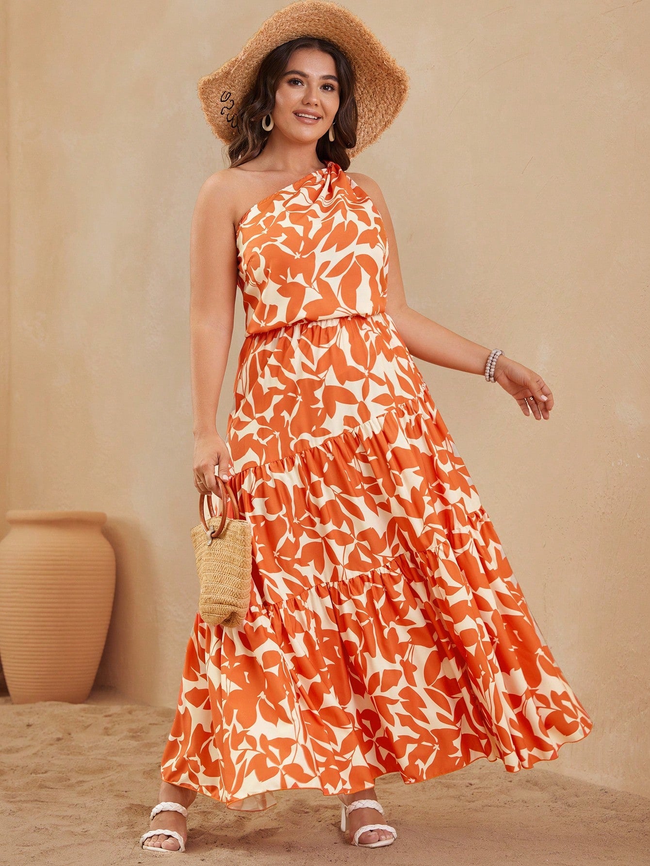Plus All over Print Blouse Ruffle Hem Skirt