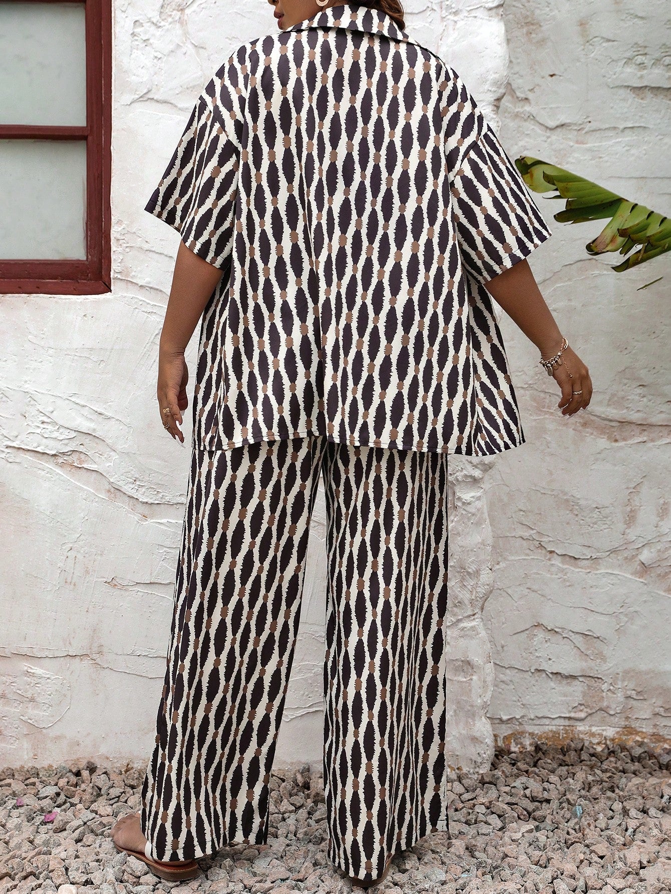 Plus Allover Print Shirt Wide Leg Pants