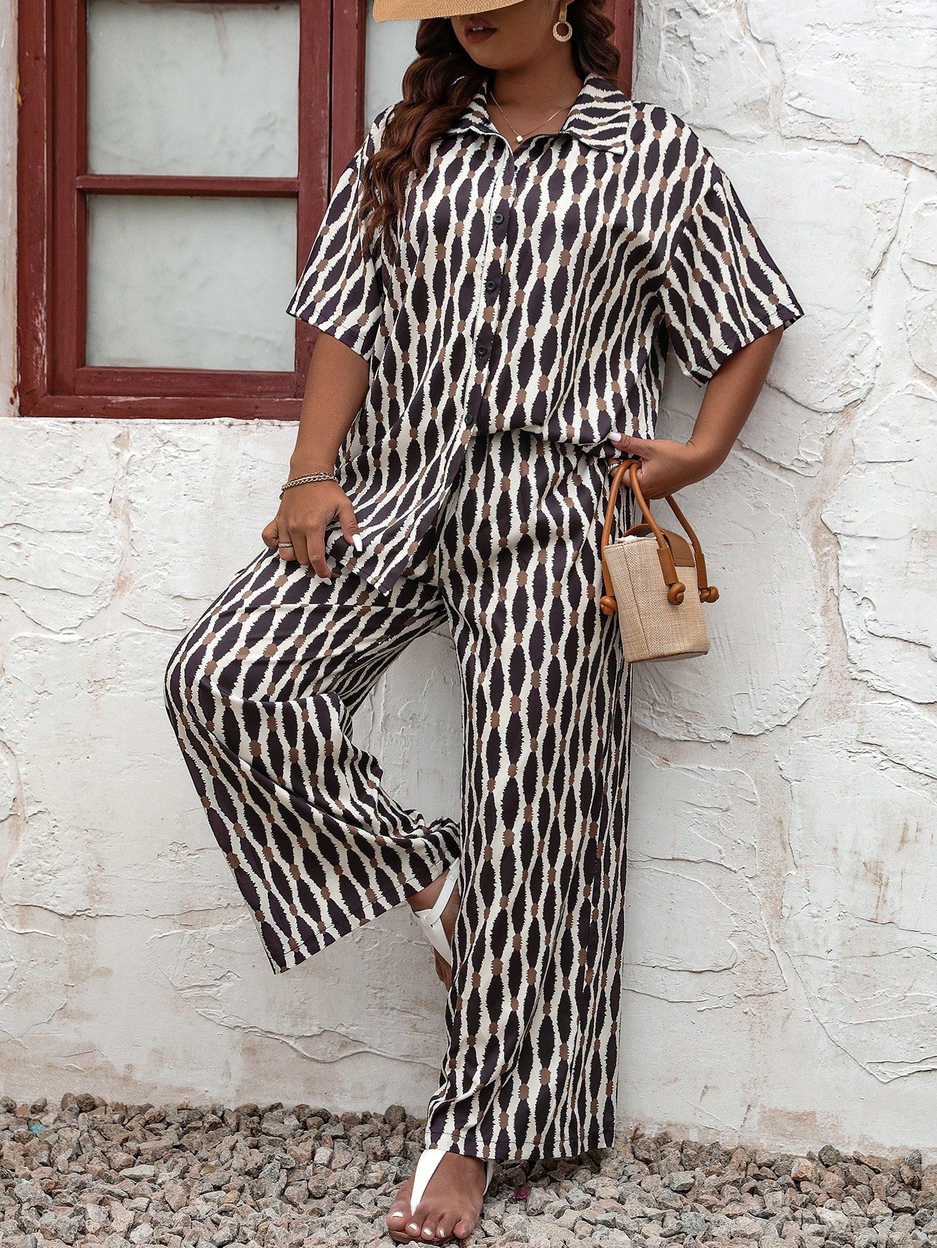 Plus Allover Print Shirt Wide Leg Pants
