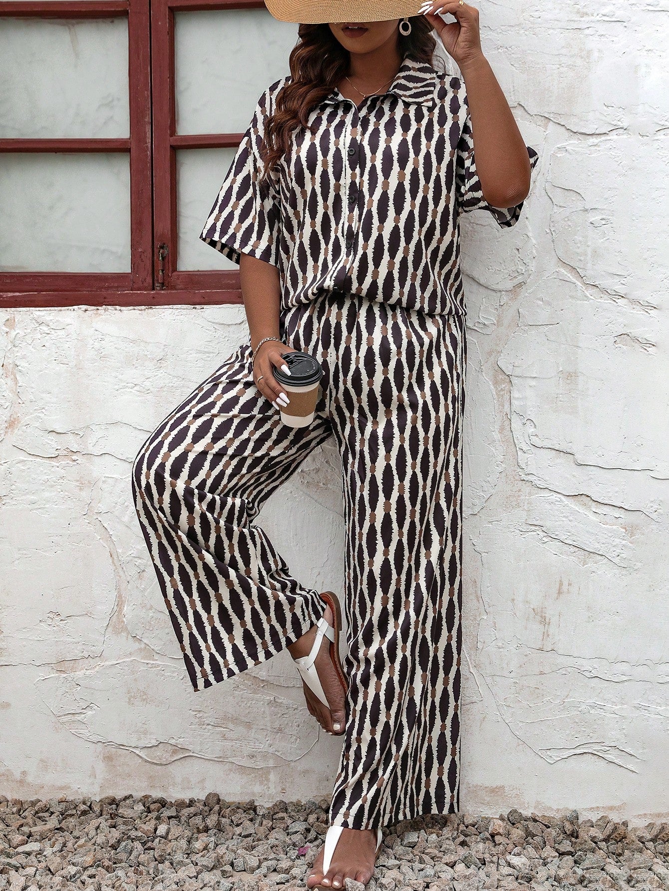 Plus Allover Print Shirt Wide Leg Pants
