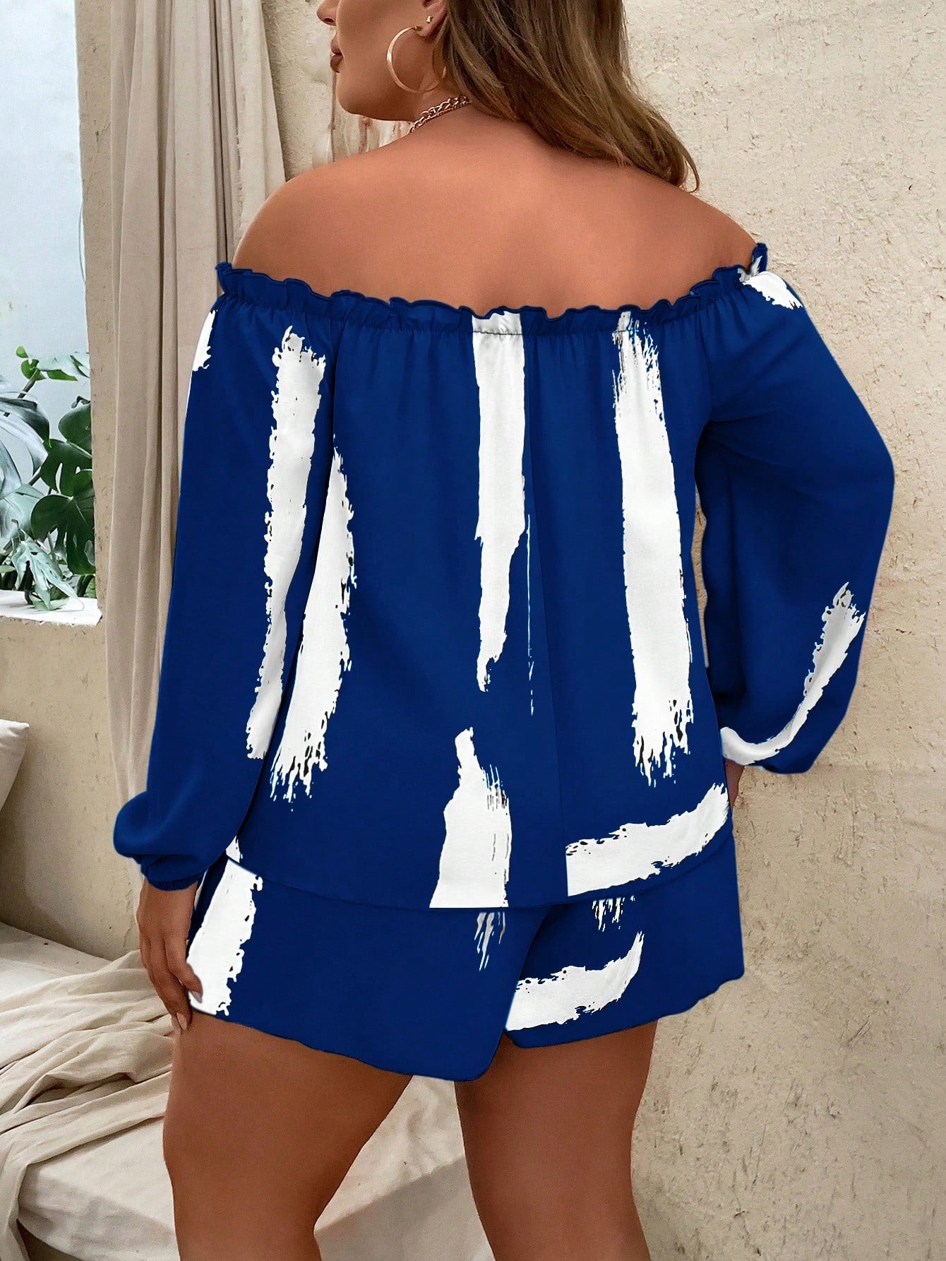 Plus Brush Print Off Shoulder Lantern Sleeve Top Shorts