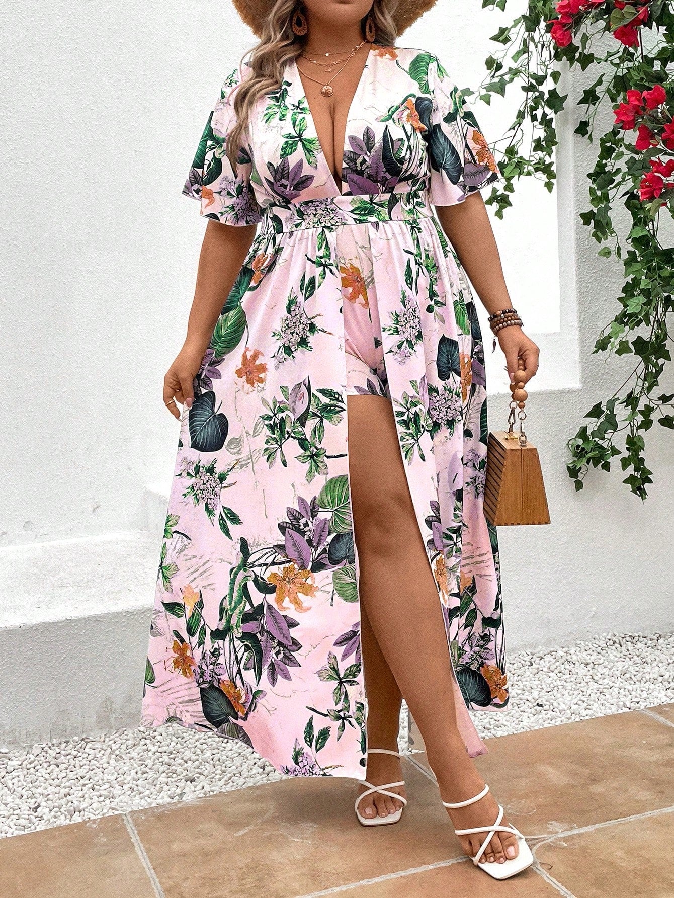 Plus Tropical Print Plunging Neck Fold over Romper