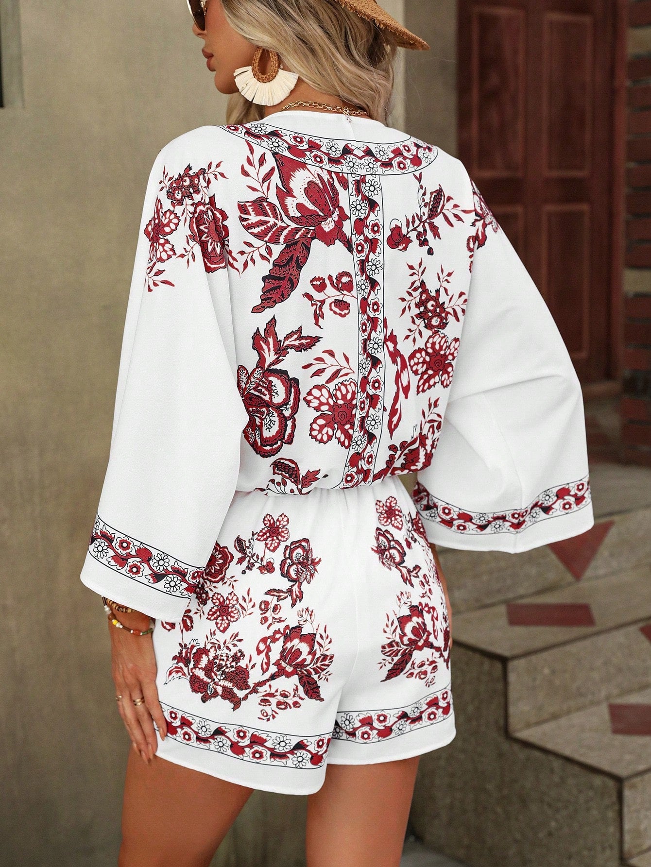 Floral Print Drop Shoulder Blouse Shorts