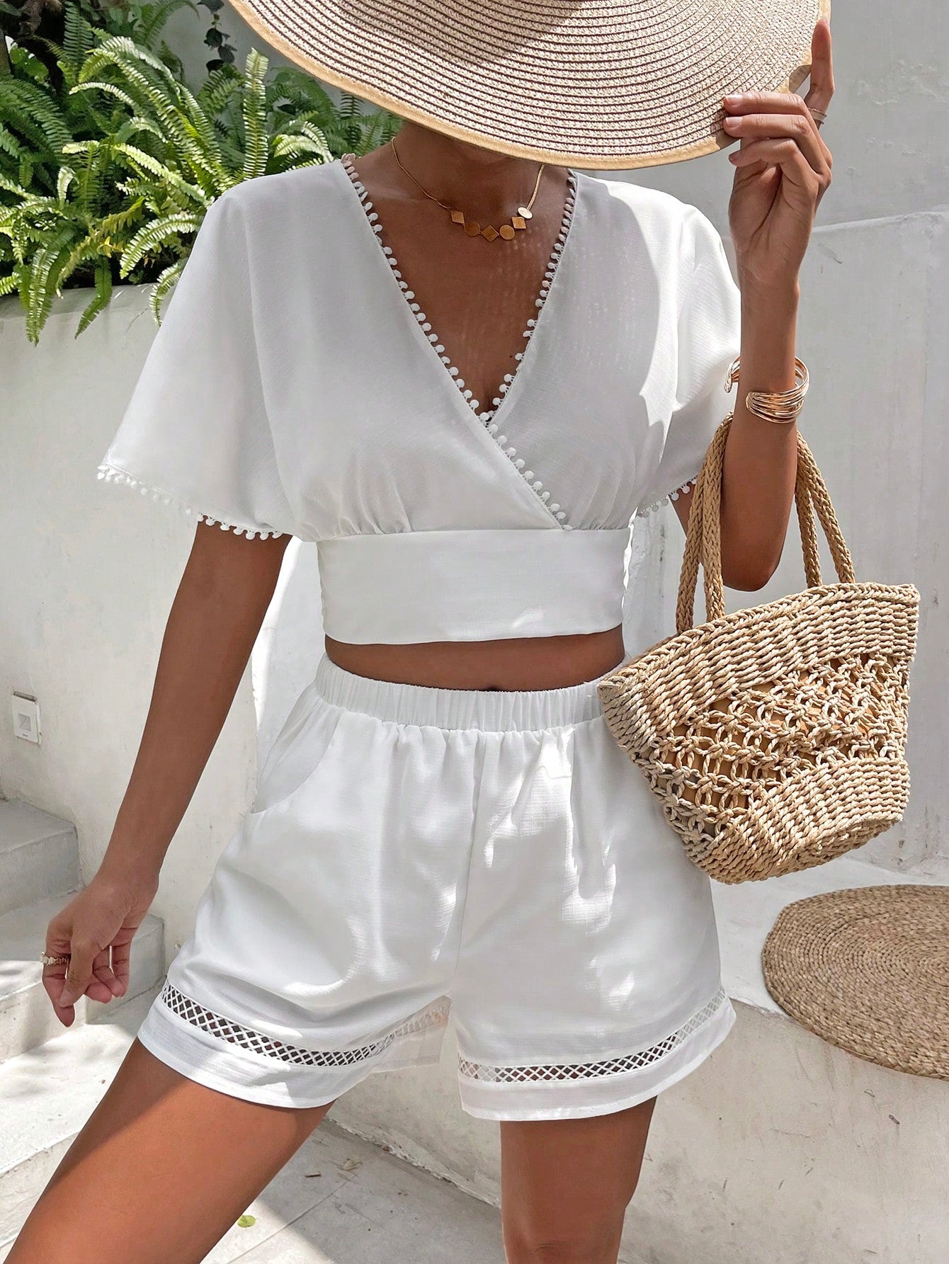 Frenchy Surplice Neck Batwing Sleeve Crop Top Shorts