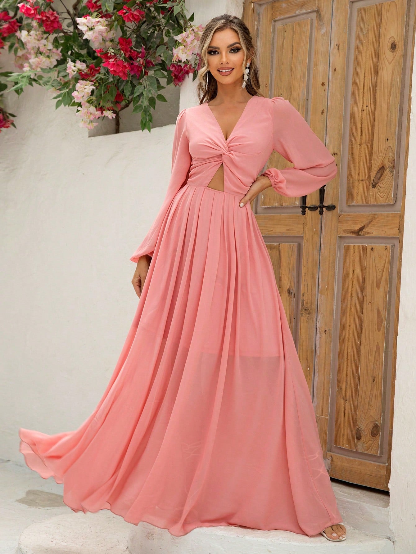 Joyfunear Twist Front Cut Out Lantern Sleeve Maxi Dress