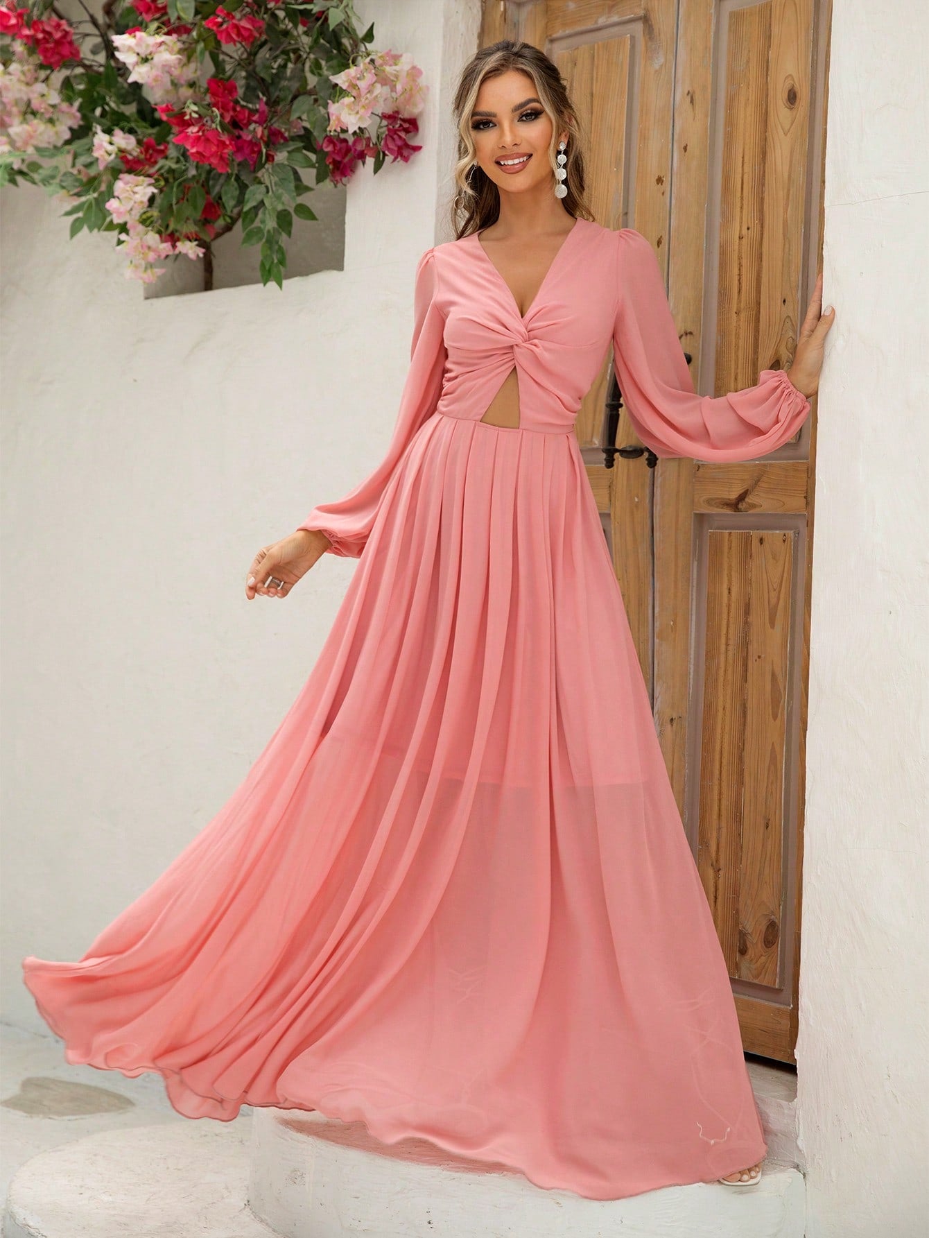 Joyfunear Twist Front Cut Out Lantern Sleeve Maxi Dress