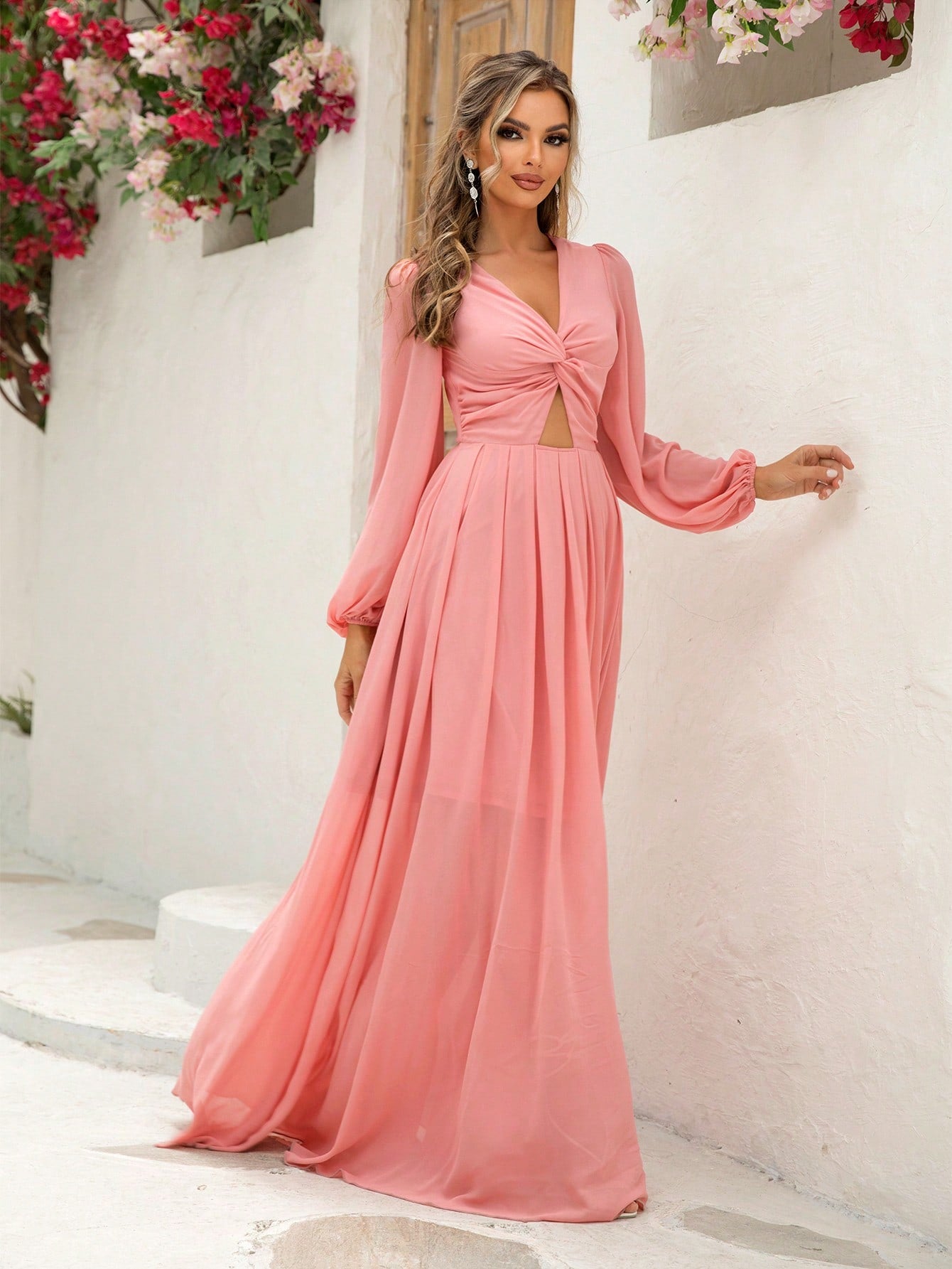 Joyfunear Twist Front Cut Out Lantern Sleeve Maxi Dress