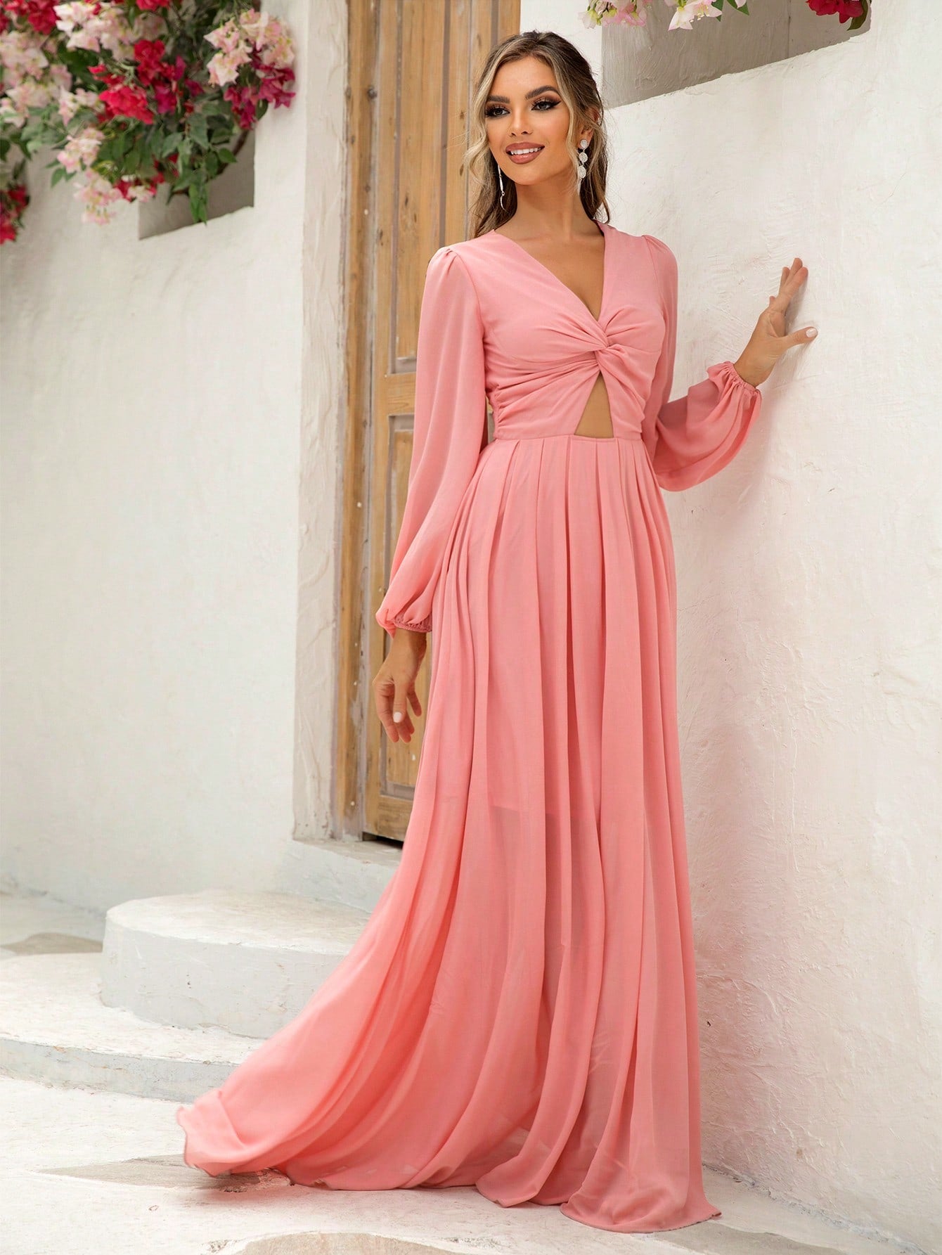 Joyfunear Twist Front Cut Out Lantern Sleeve Maxi Dress