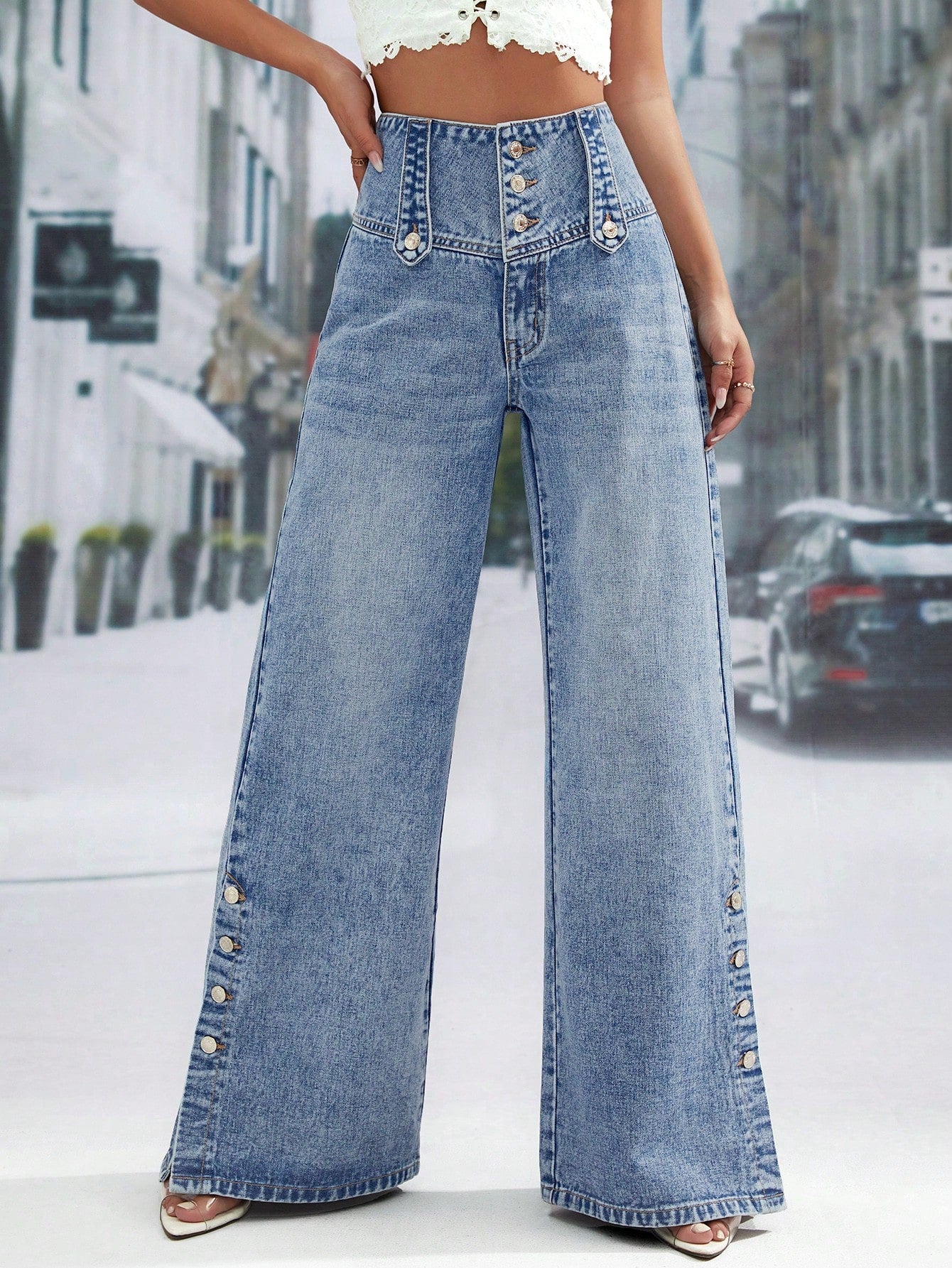 High Waist Button Fly Wide Leg Jeans