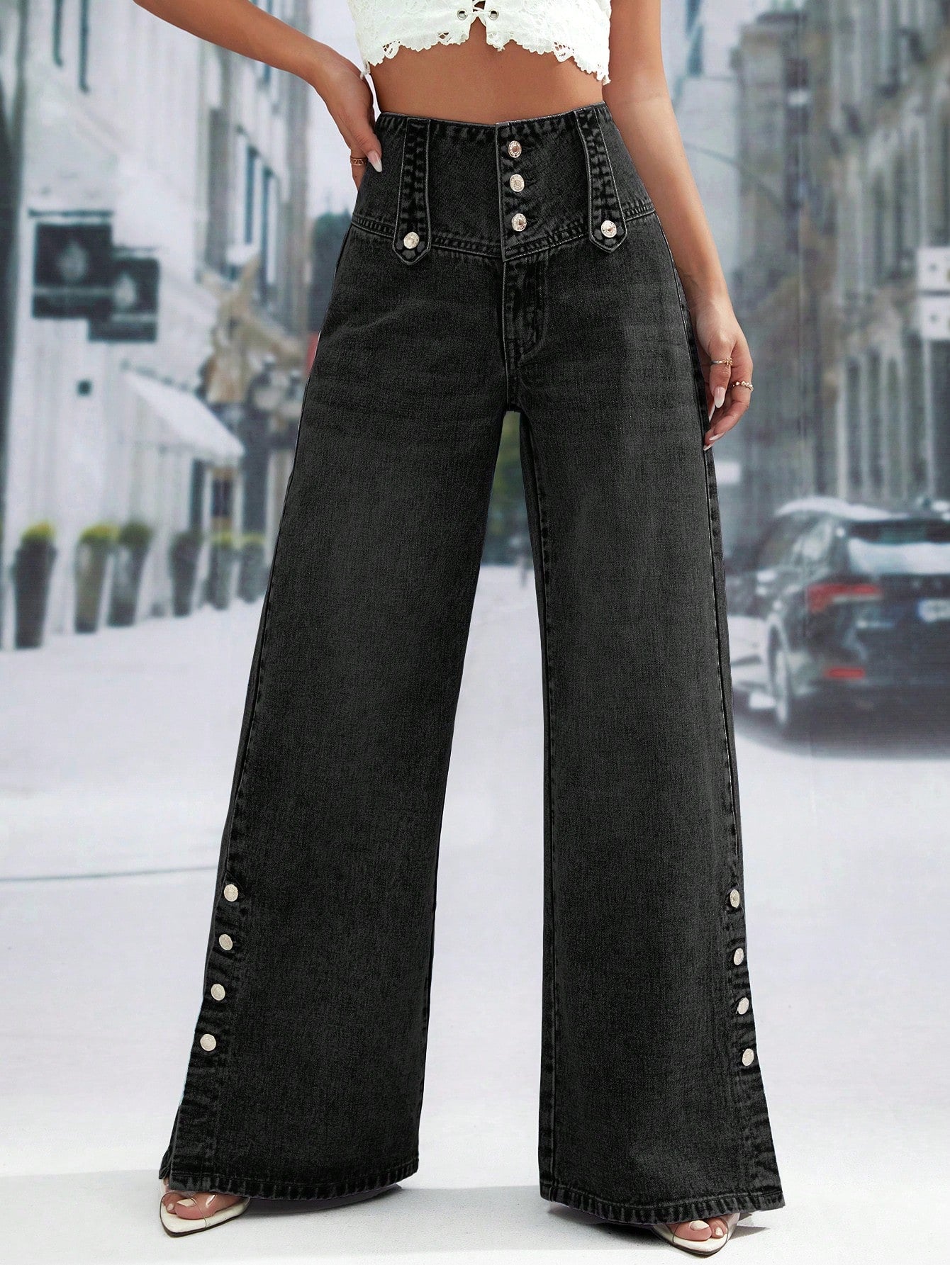 High Waist Button Fly Wide Leg Jeans