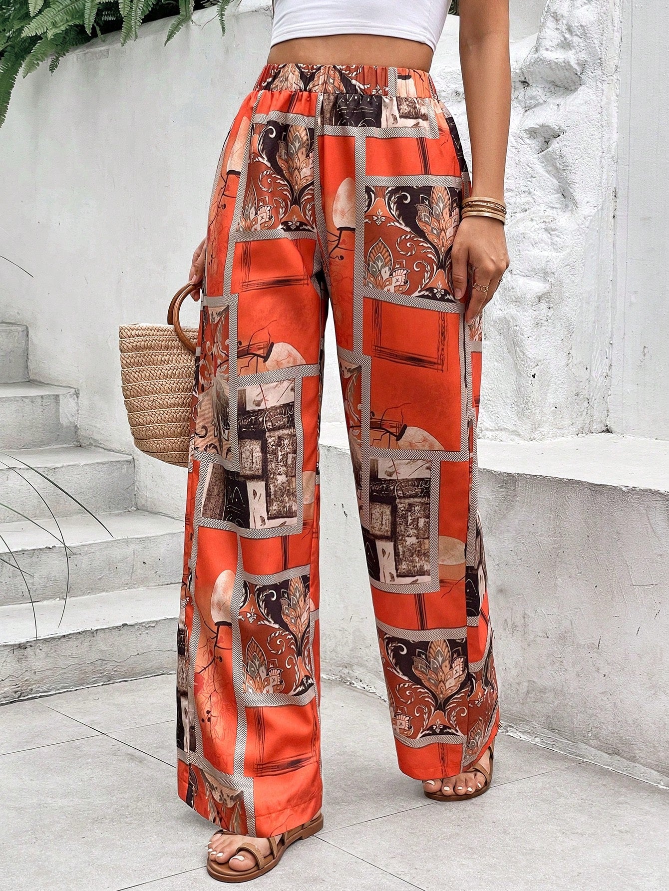 Scarf Print Wide Leg Pants