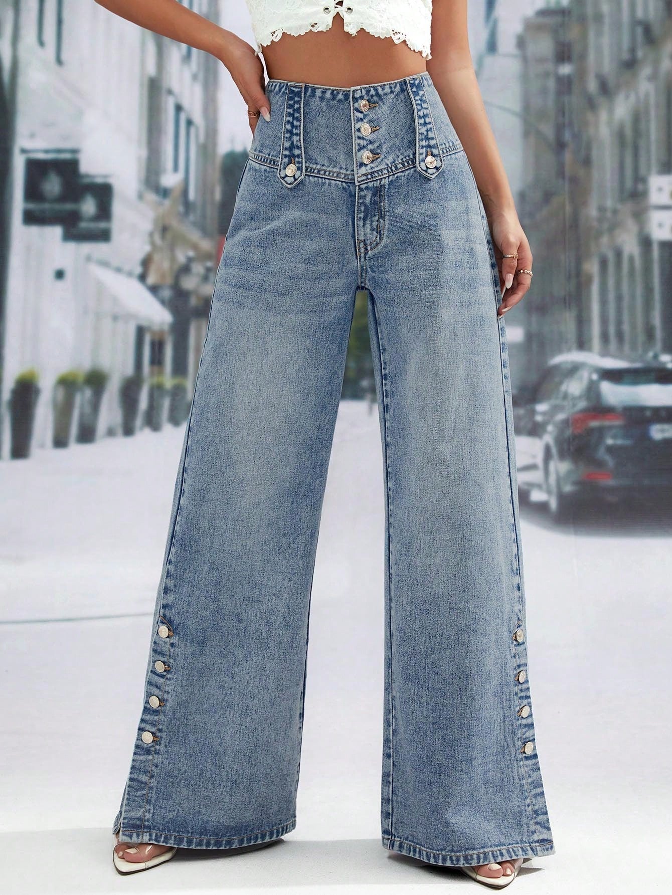 High Waist Button Fly Wide Leg Jeans