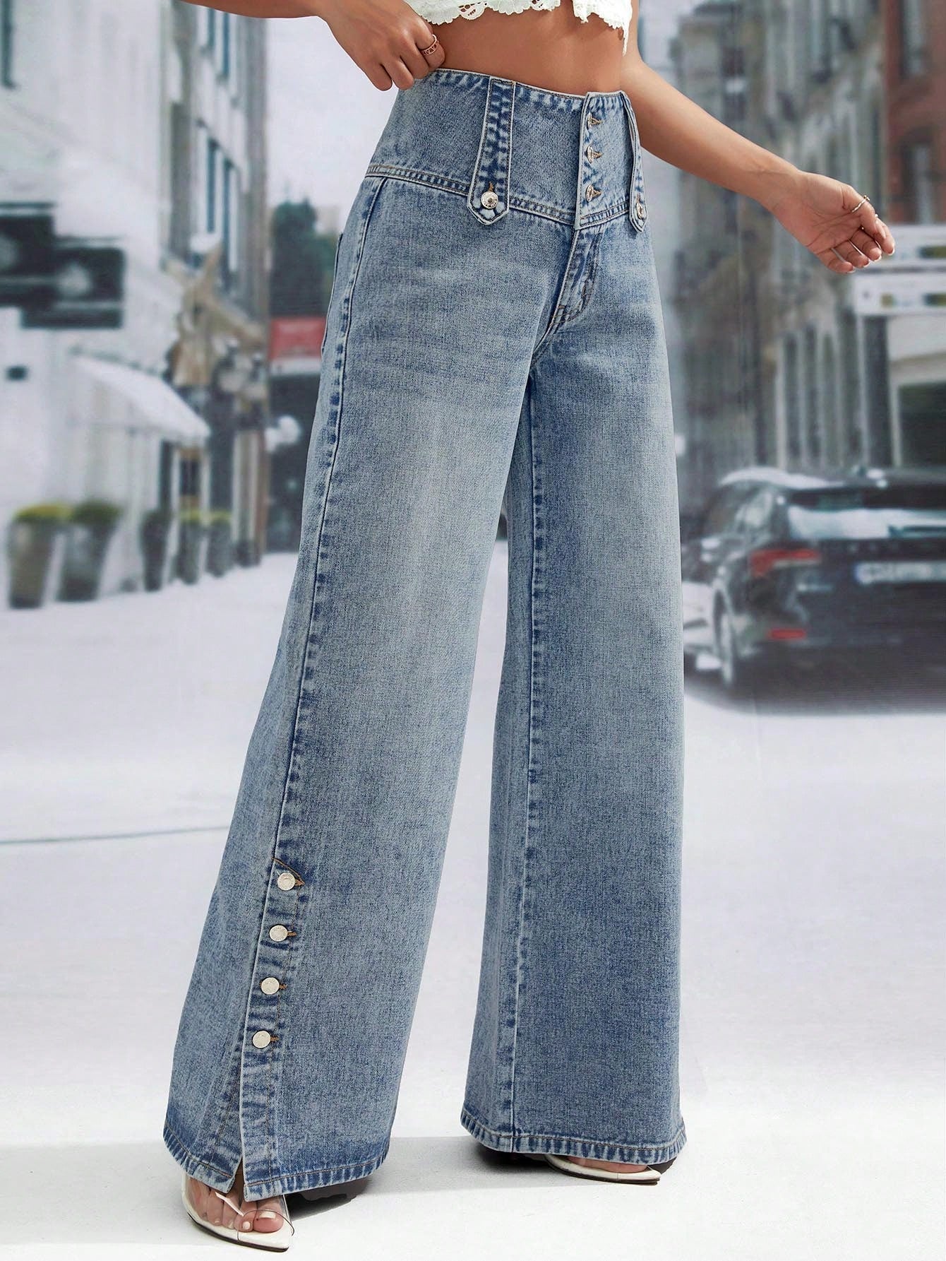 High Waist Button Fly Wide Leg Jeans