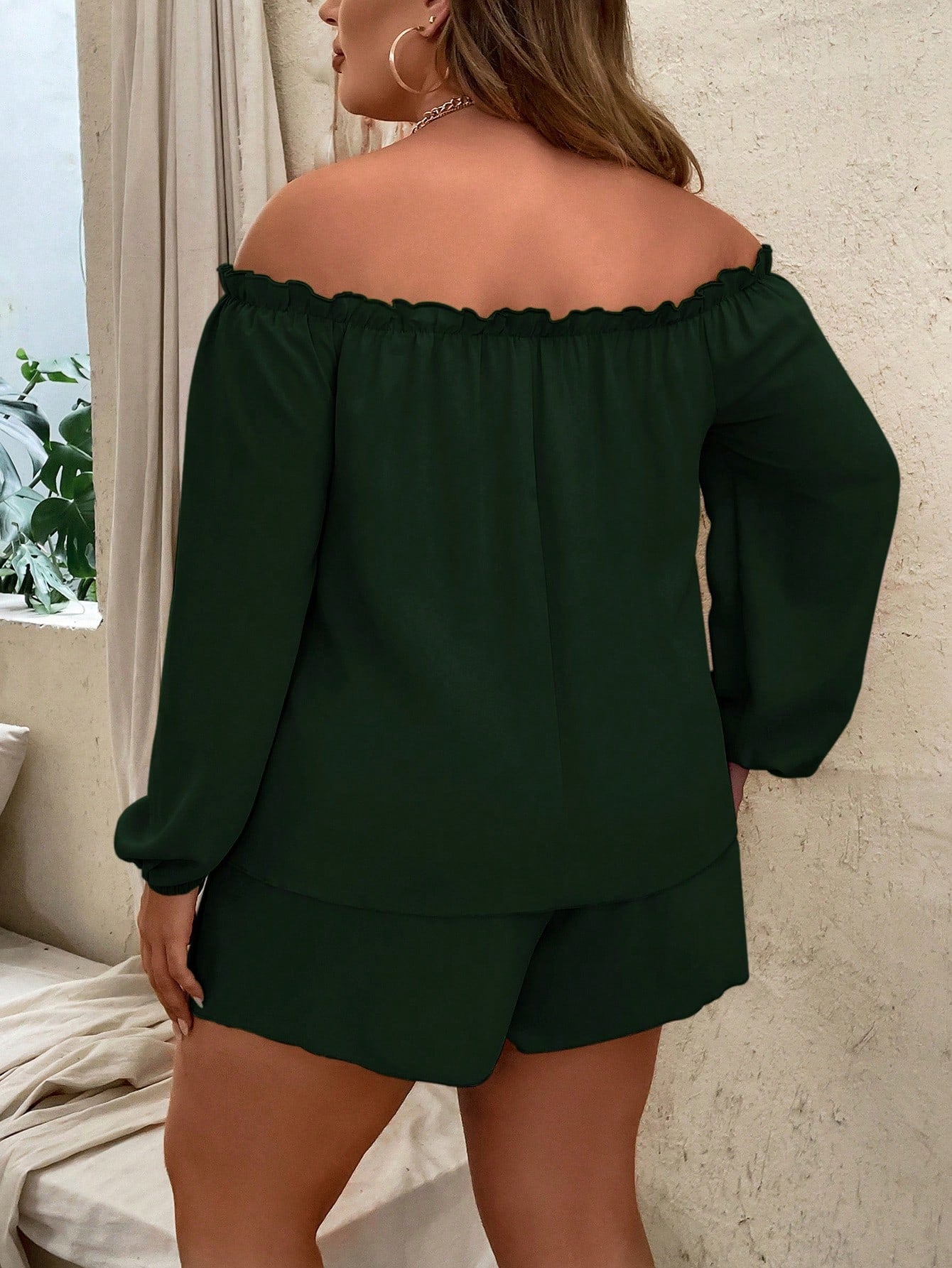 Plus Off Shoulder Frill Trim Lantern Sleeve Top Tie Front Shorts