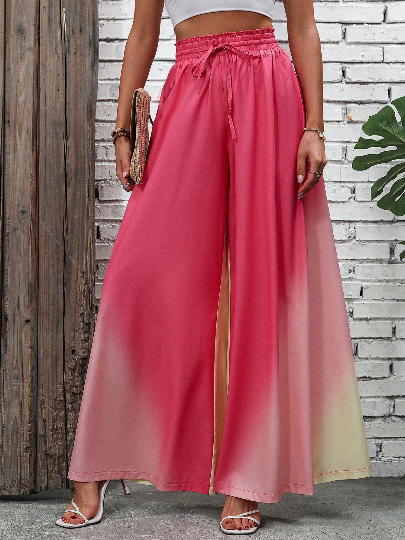 Ombre Print Tie Front Wide Leg Pants