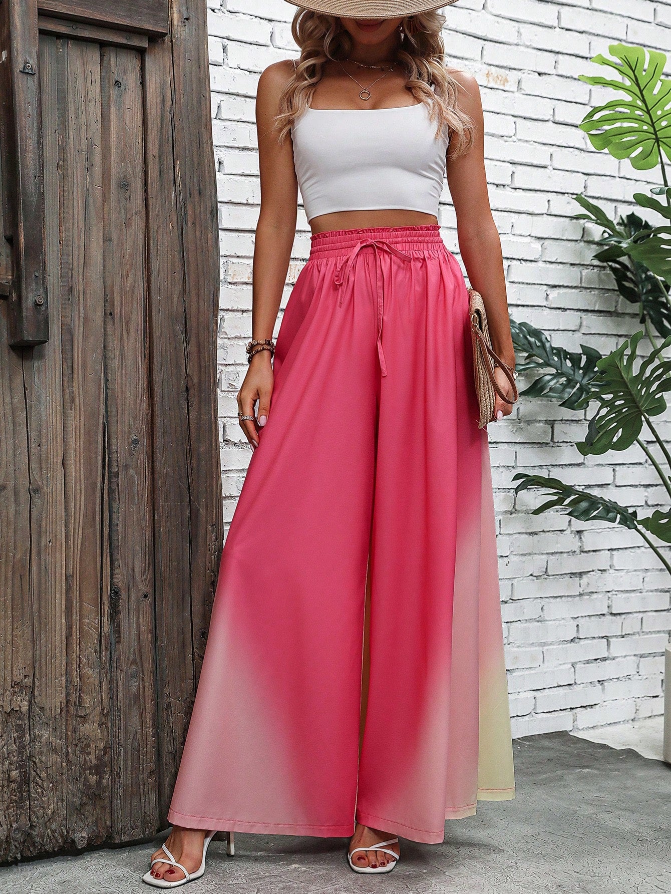 Ombre Print Tie Front Wide Leg Pants