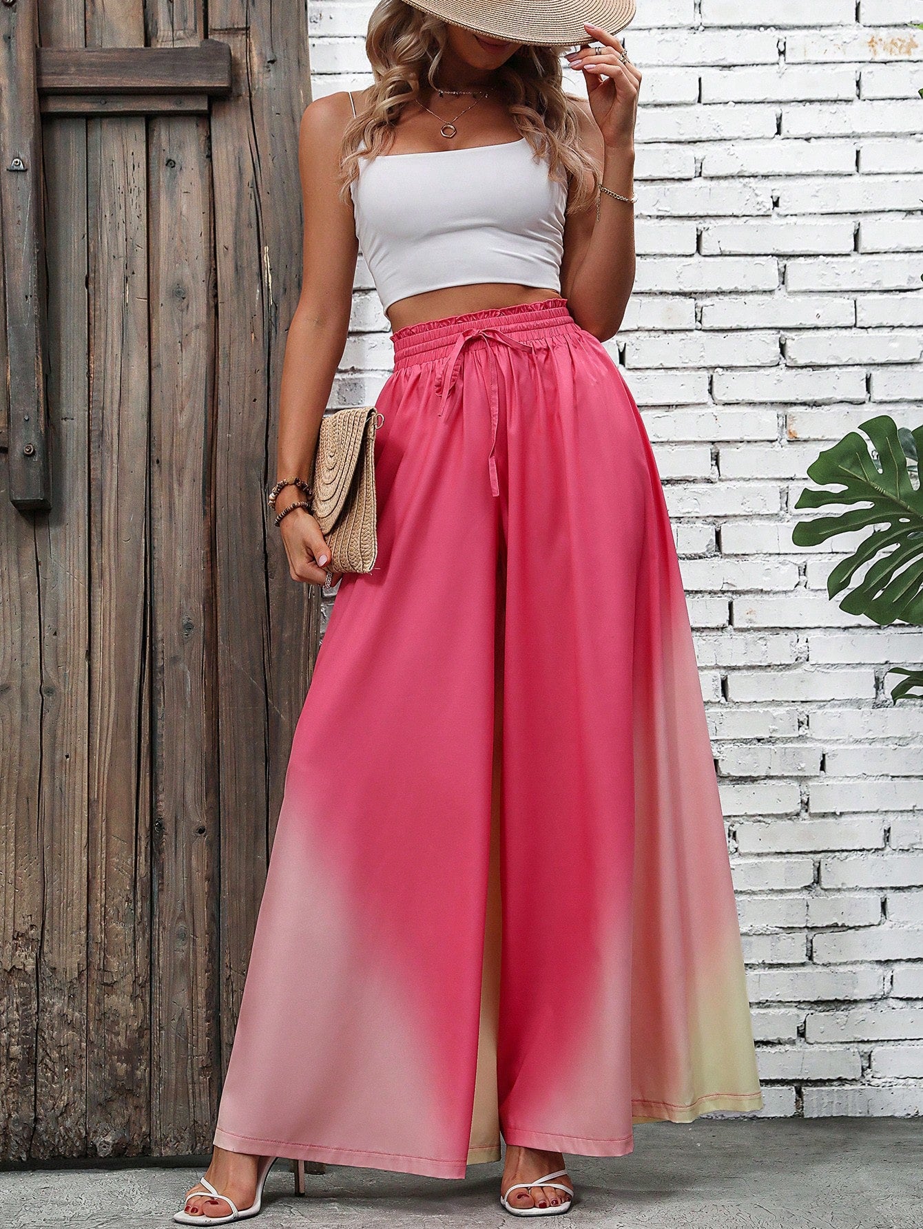 Ombre Print Tie Front Wide Leg Pants