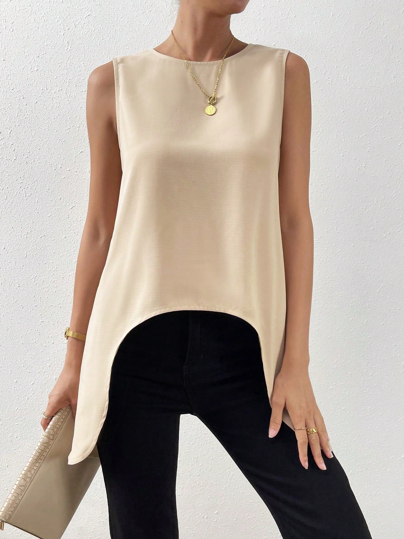 Solid Button Detail Asymmetrical Hem Blouse