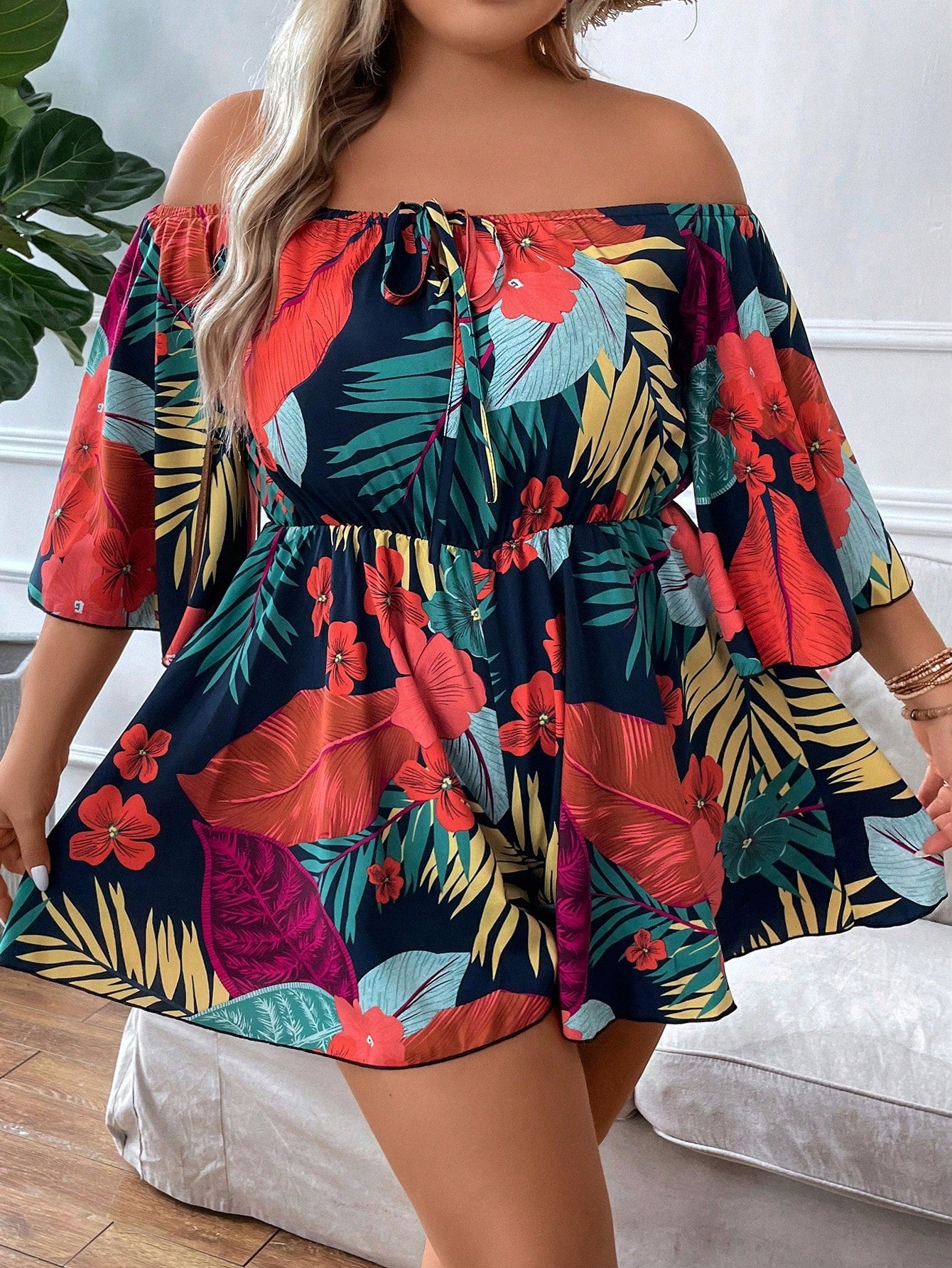 Plus Tropical Print Off Shoulder Knot Front Romper