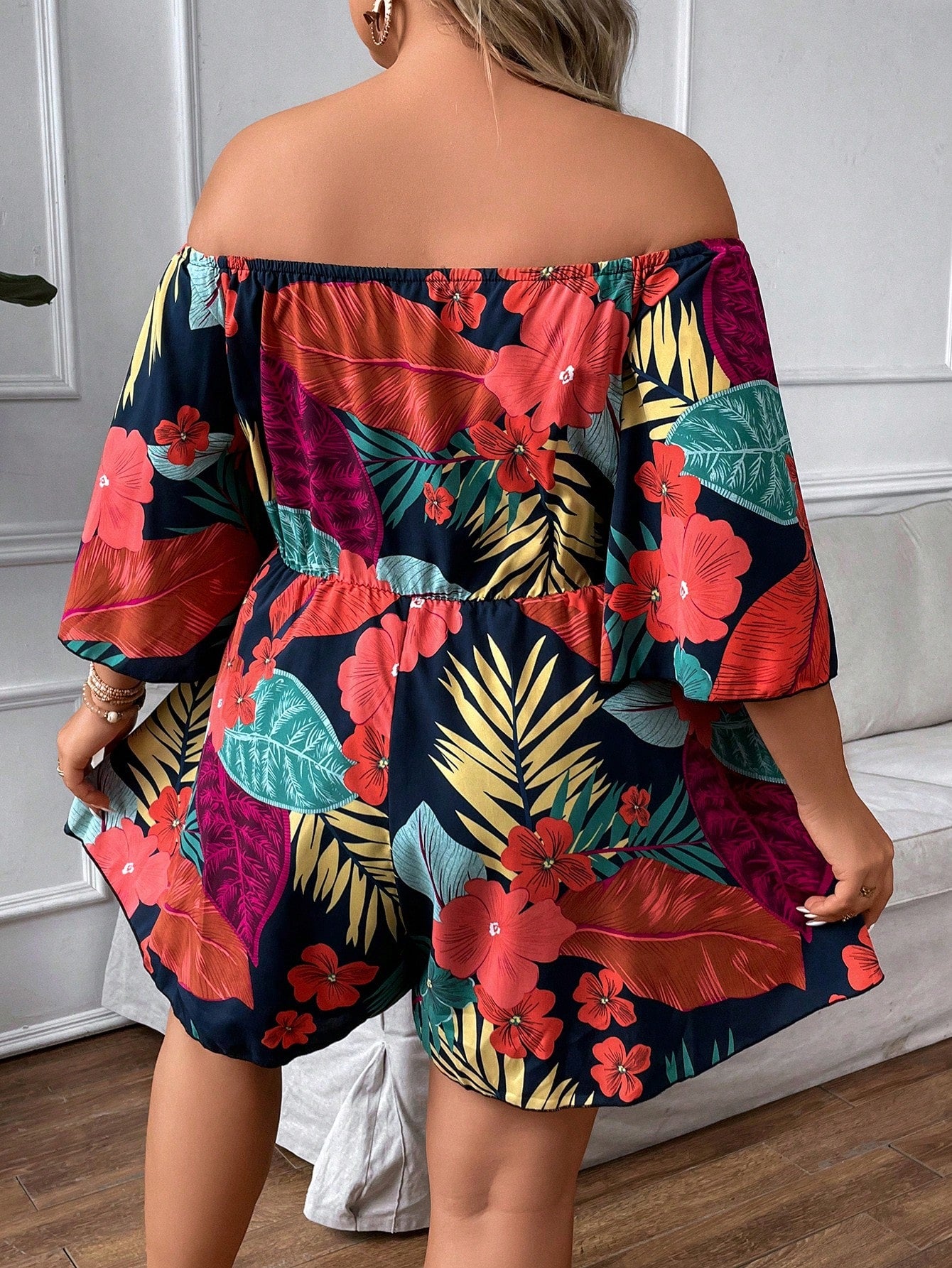 Plus Tropical Print Off Shoulder Knot Front Romper