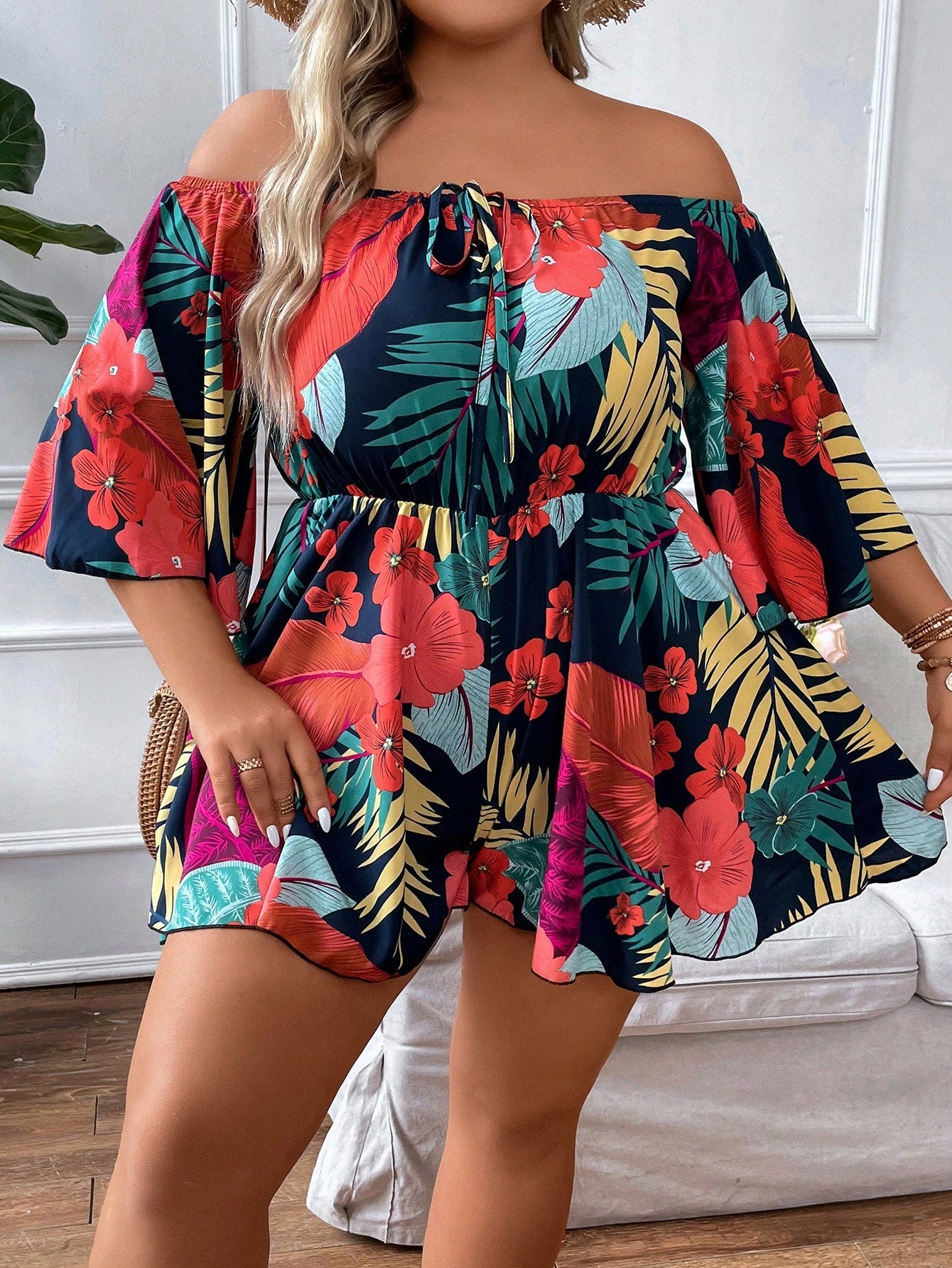 Plus Tropical Print Off Shoulder Knot Front Romper
