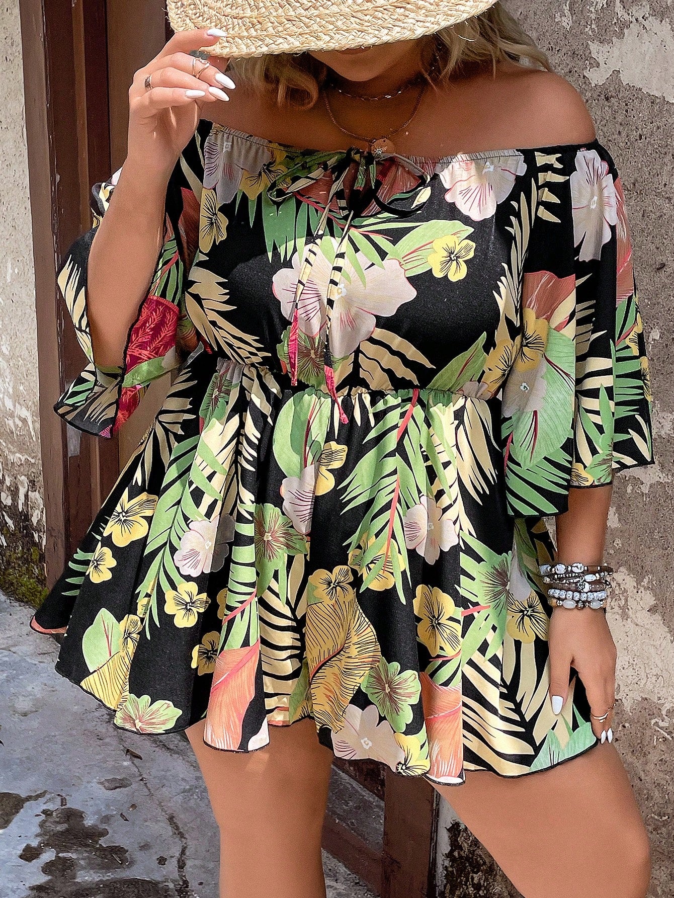 Plus Tropical Print Off Shoulder Knot Front Romper