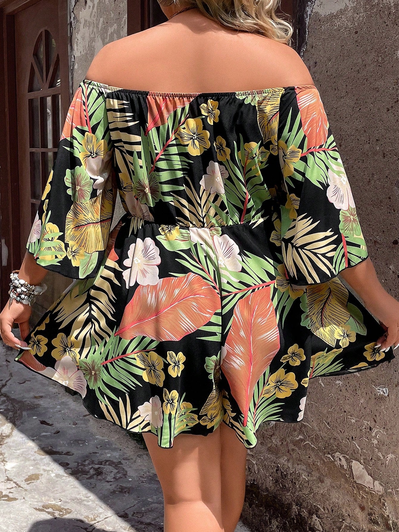 Plus Tropical Print Off Shoulder Knot Front Romper