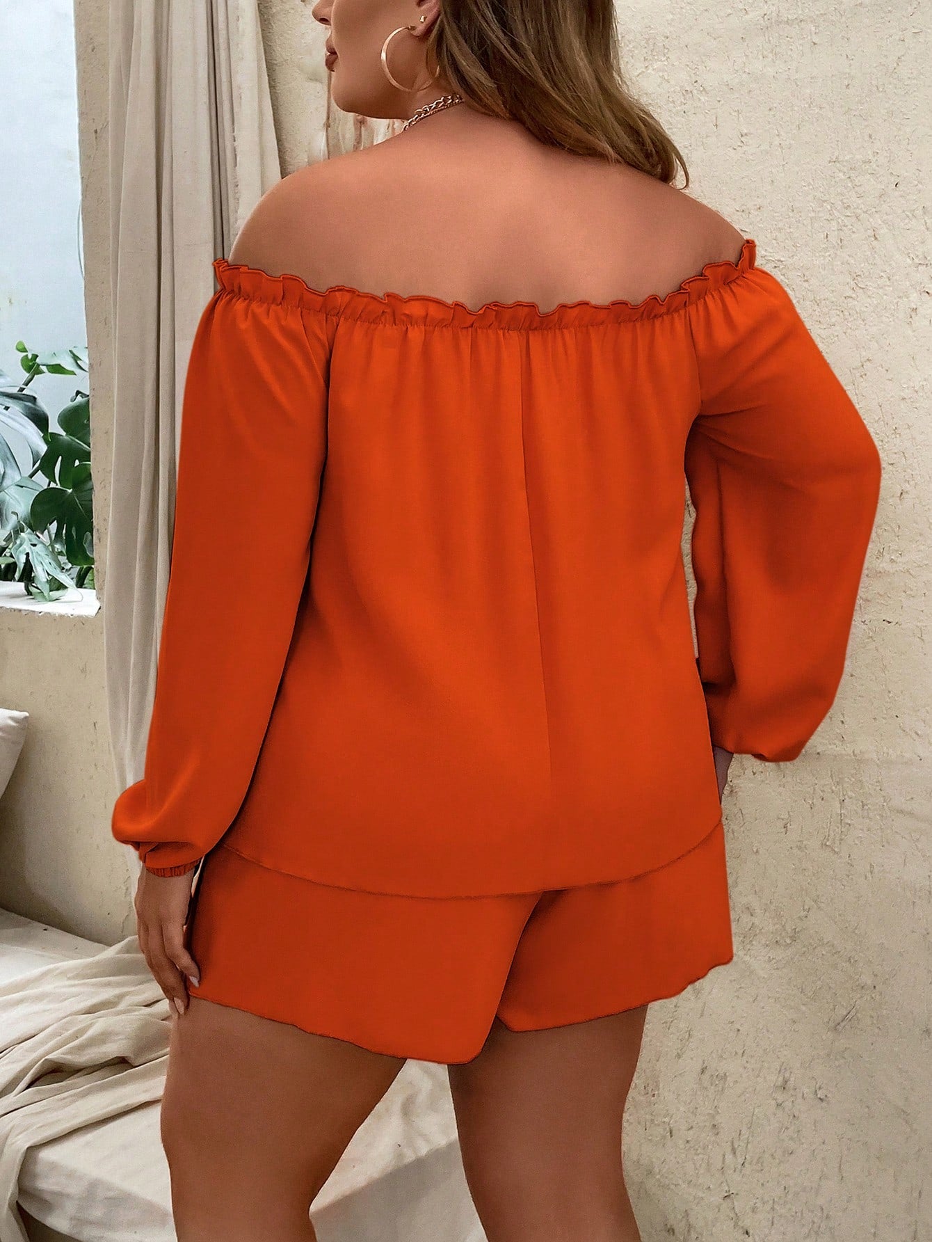 Plus Off Shoulder Frill Trim Lantern Sleeve Top Tie Front Shorts