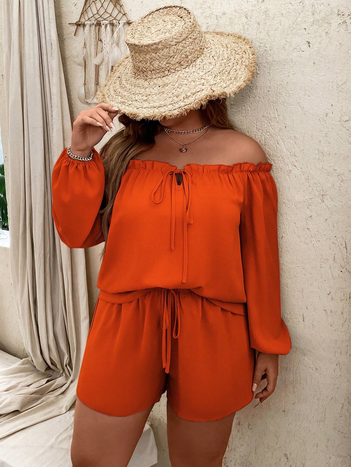 Plus Off Shoulder Frill Trim Lantern Sleeve Top Tie Front Shorts