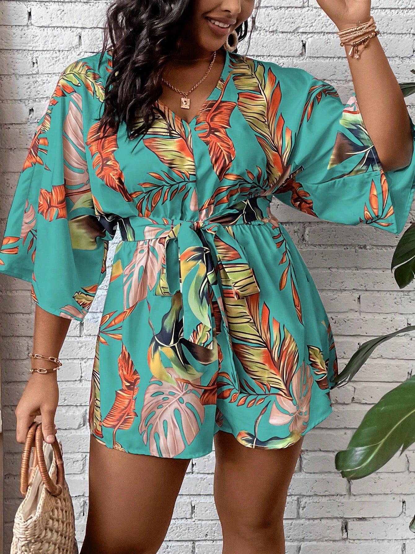 Plus Tropical Print Belted Romper
