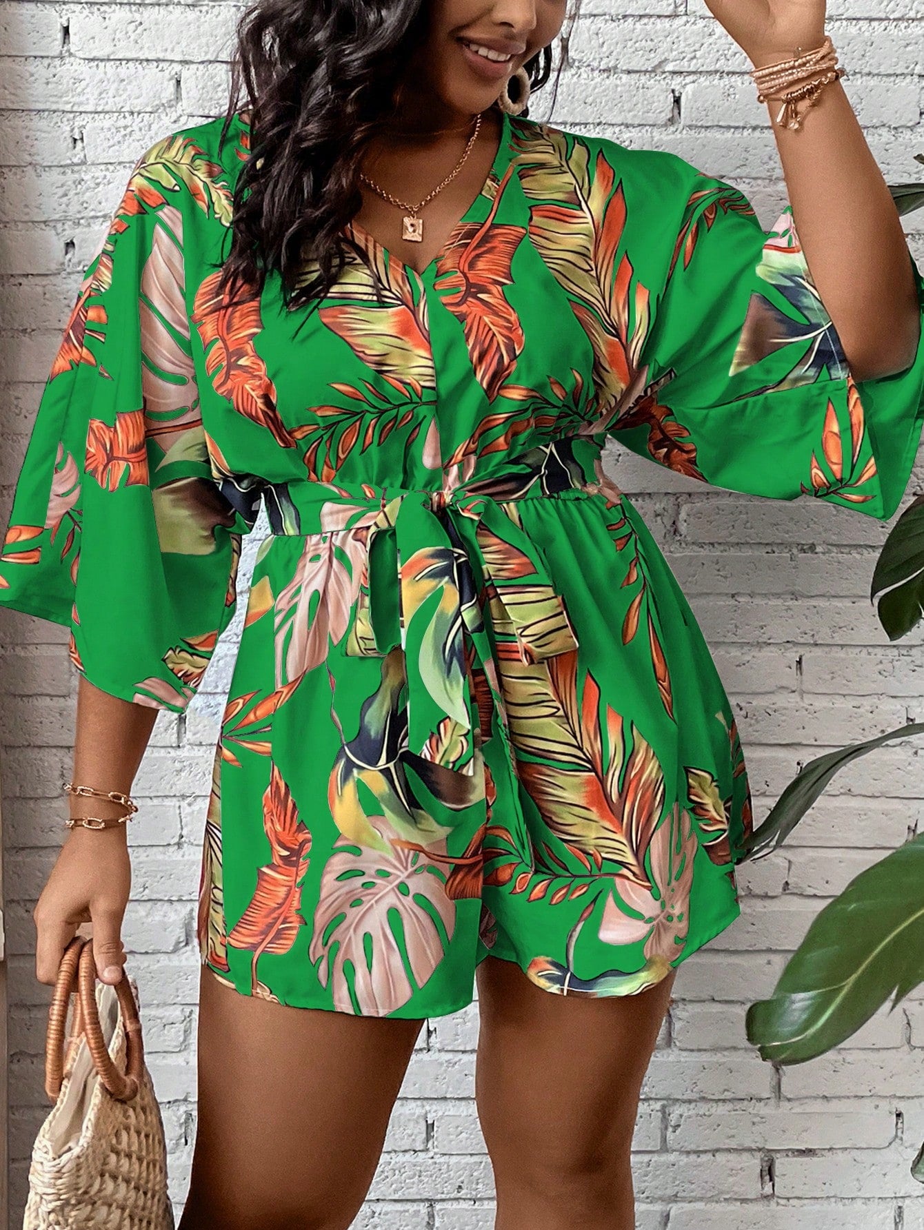 Plus Tropical Print Belted Romper