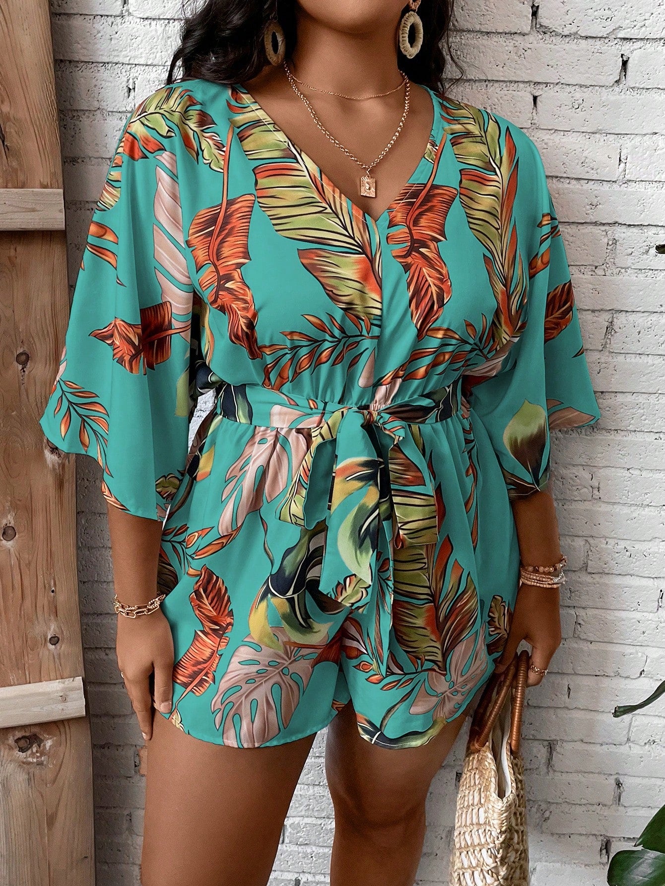 Plus Tropical Print Belted Romper