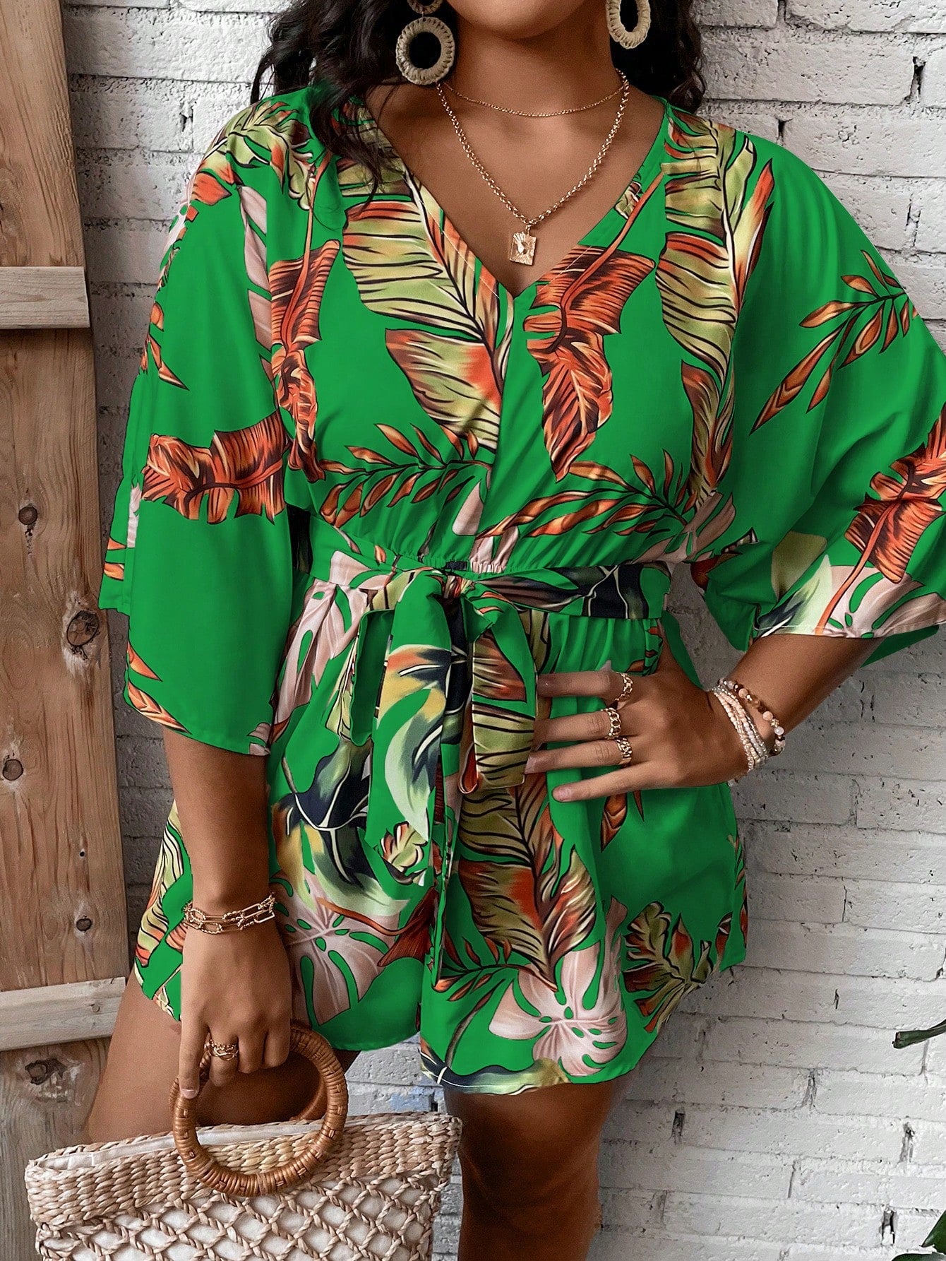 Plus Tropical Print Belted Romper