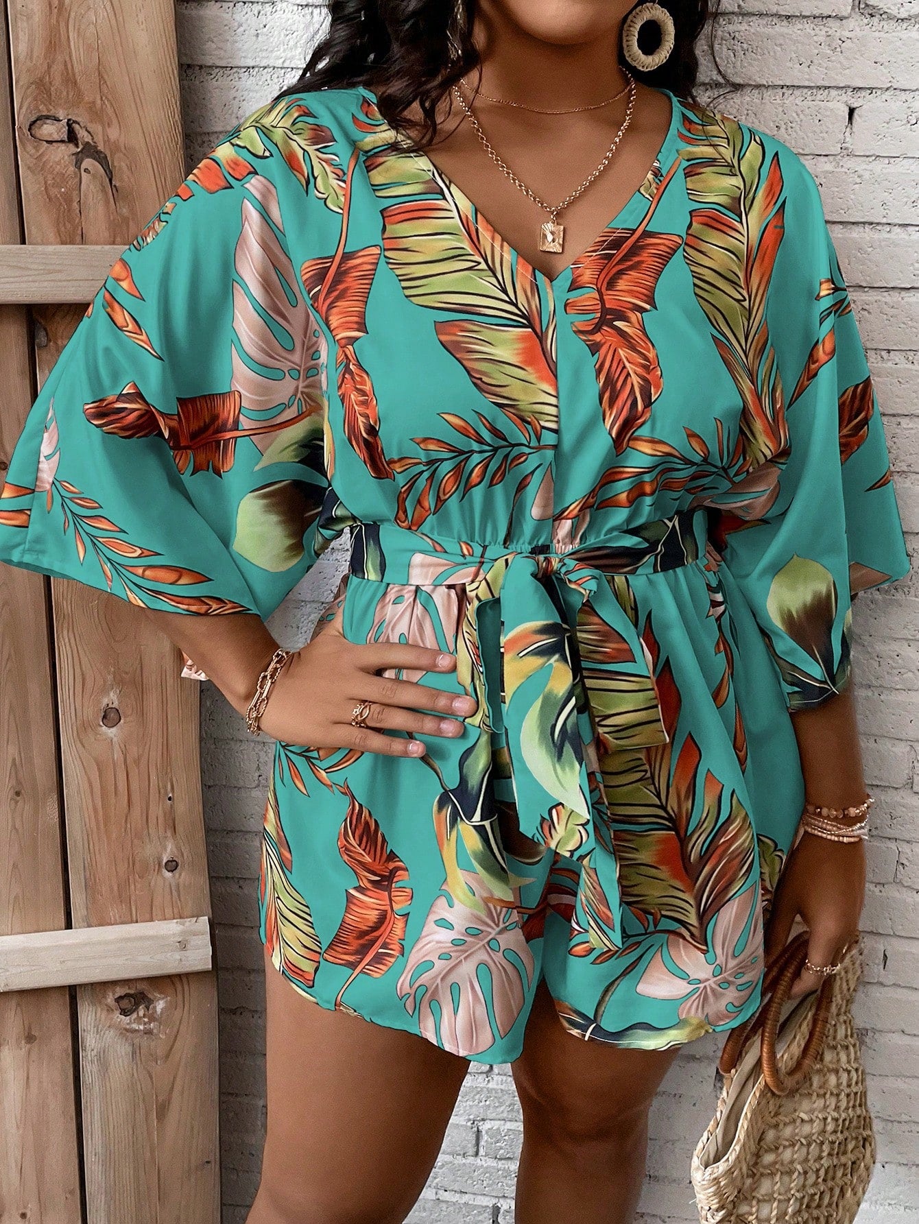 Plus Tropical Print Belted Romper