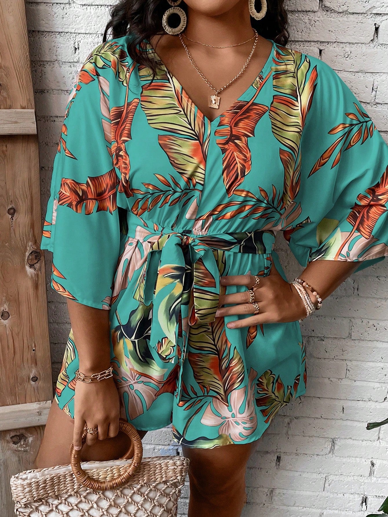 Plus Tropical Print Belted Romper