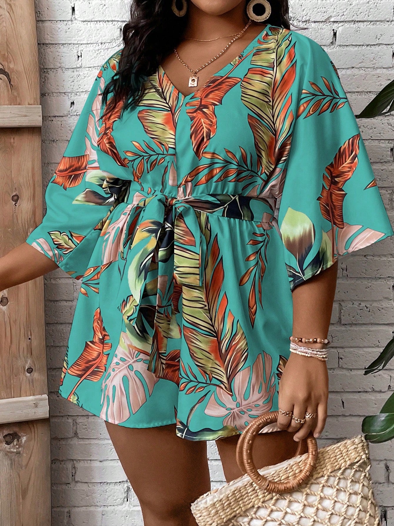 Plus Tropical Print Belted Romper