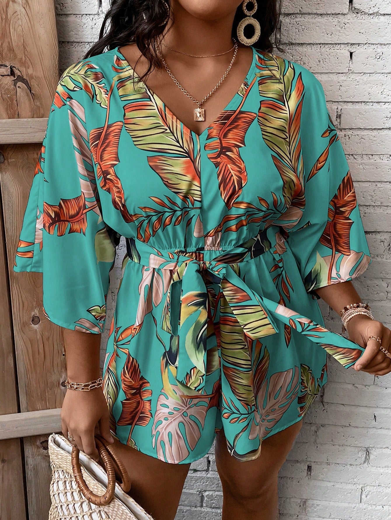Plus Tropical Print Belted Romper