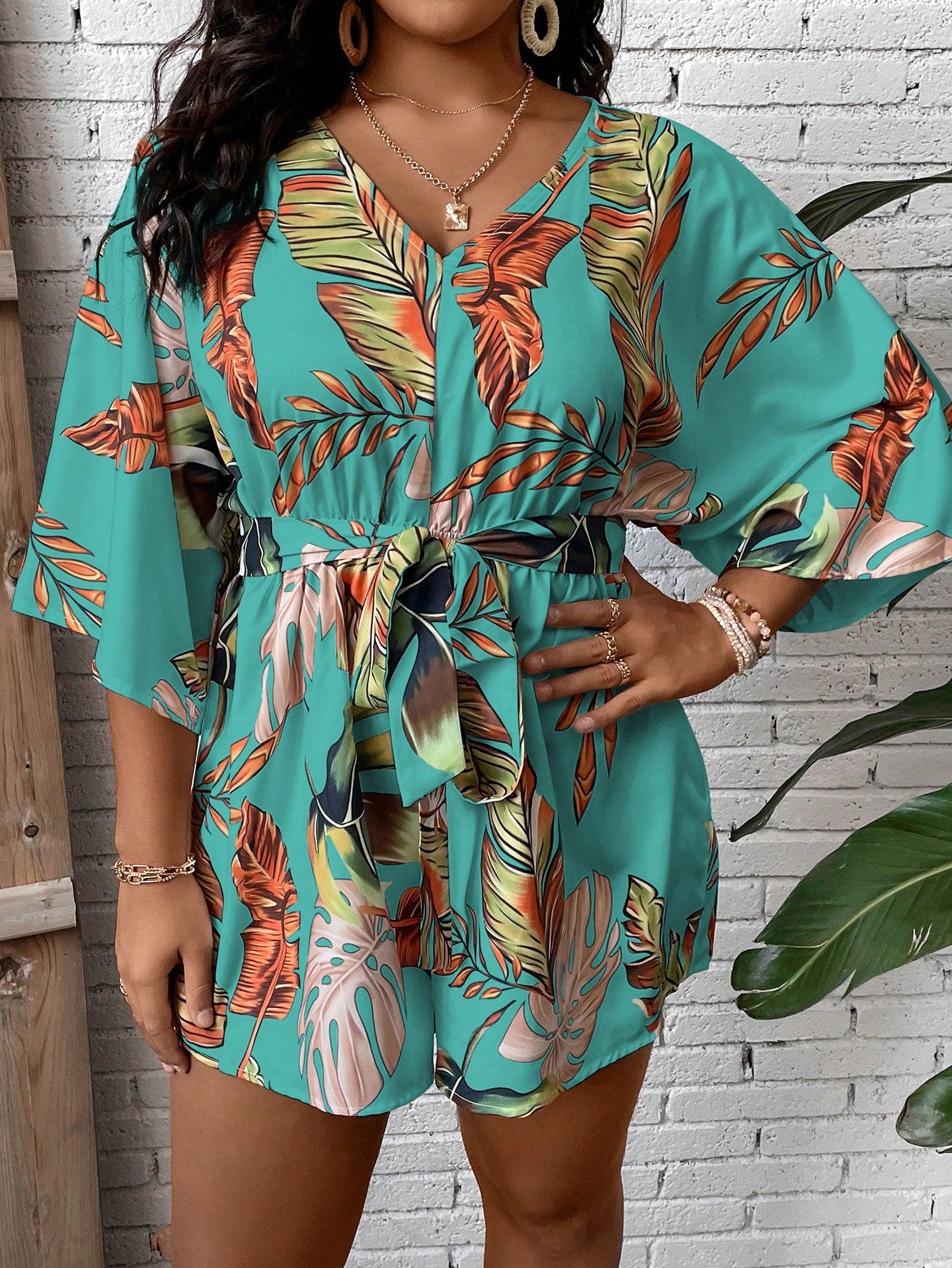 Plus Tropical Print Belted Romper